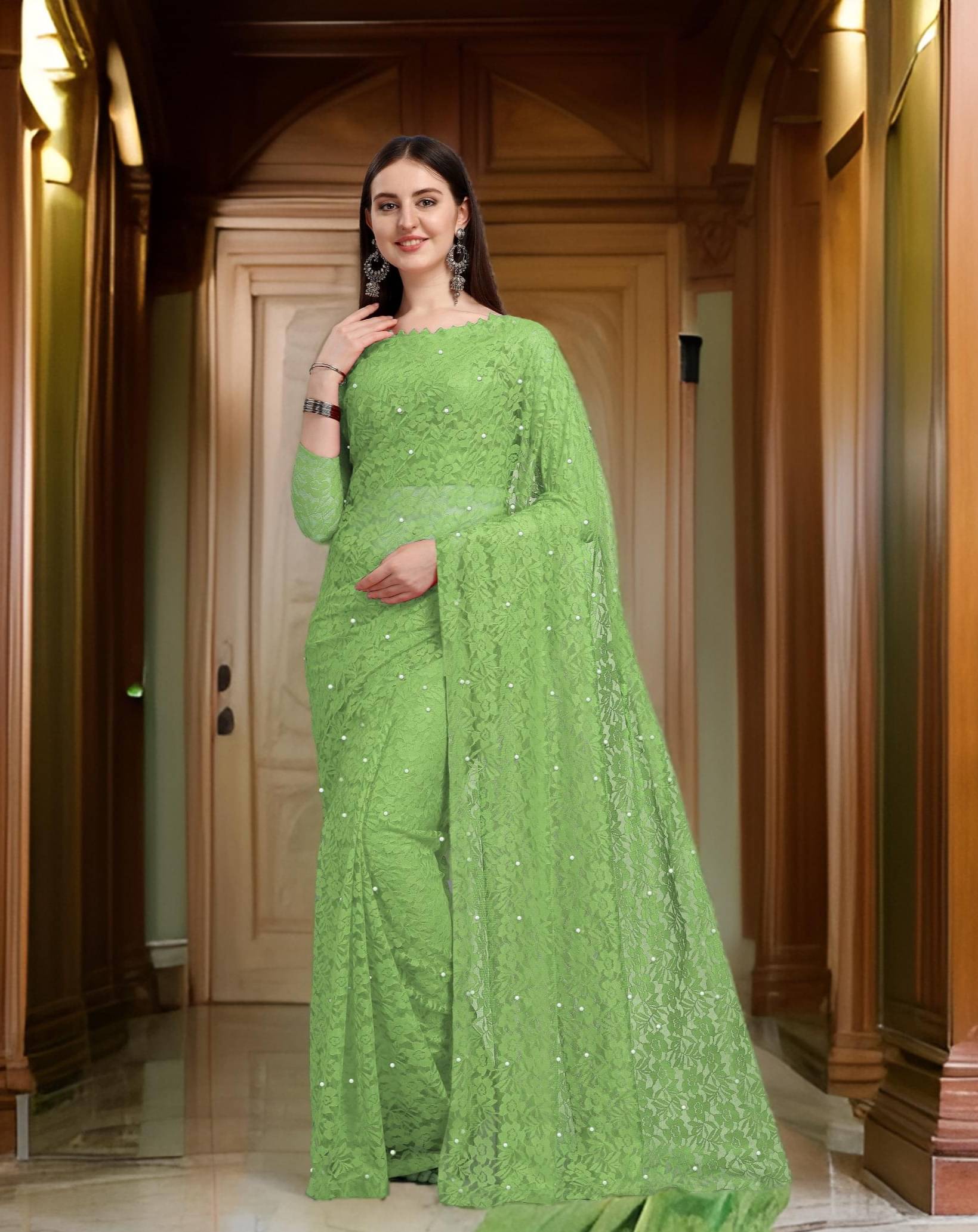     			Fashion Field Net Self Design Saree With Unstitched Blouse Piece ( Light Green )