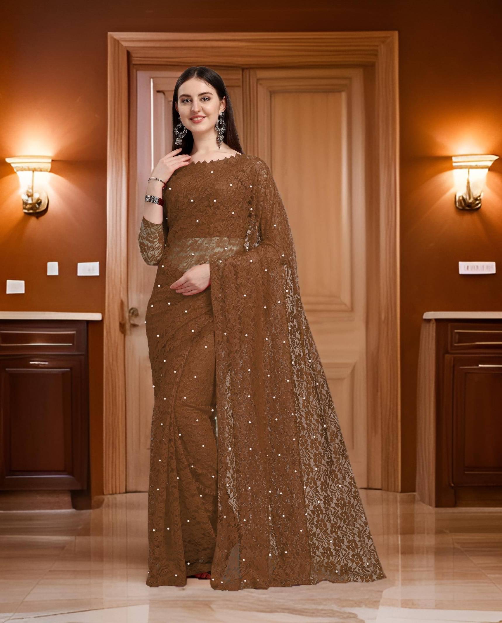 Fashion Field Net Self Design Saree With Unstitched Blouse Piece ( Coffee ) Fashion Field Net Self Design Saree With Unstitched Blouse Piece ( Coffee )