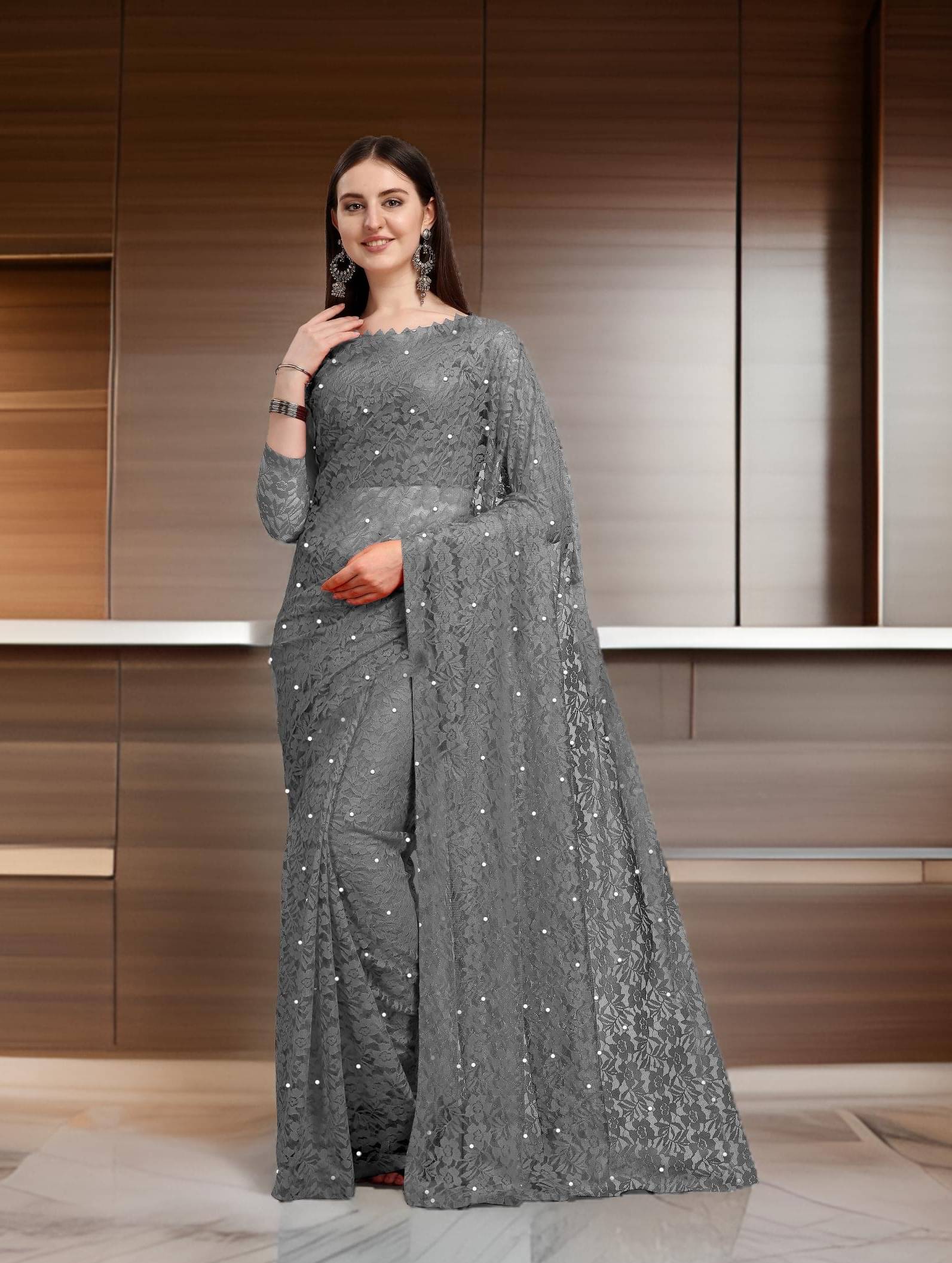 Fashion Field Net Self Design Saree With Unstitched Blouse Piece ( Grey ) Fashion Field Net Self Design Saree With Unstitched Blouse Piece ( Grey )