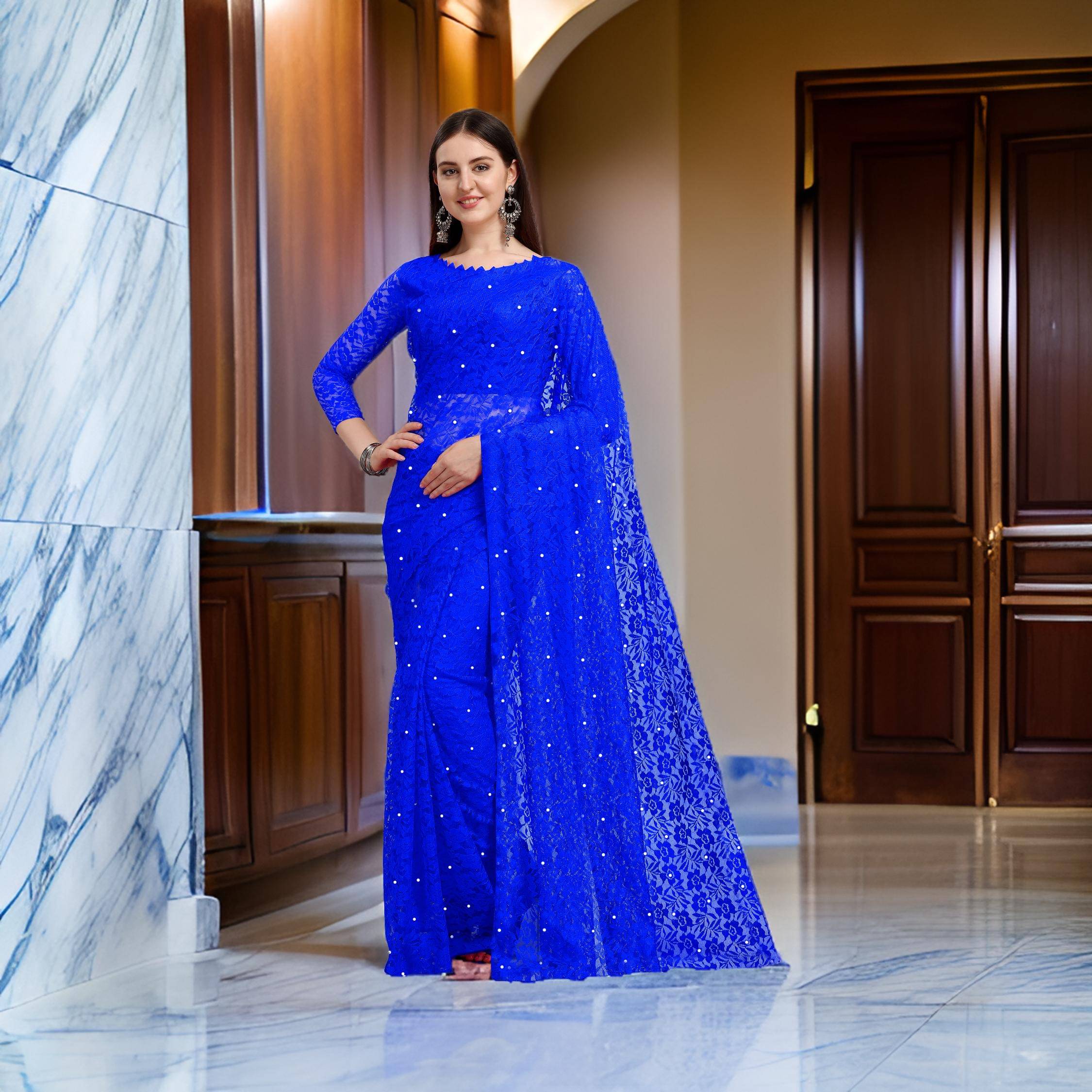 Fashion Field Net Self Design Saree With Unstitched Blouse Piece ( Blue ) Fashion Field Net Self Design Saree With Unstitched Blouse Piece ( Blue )
