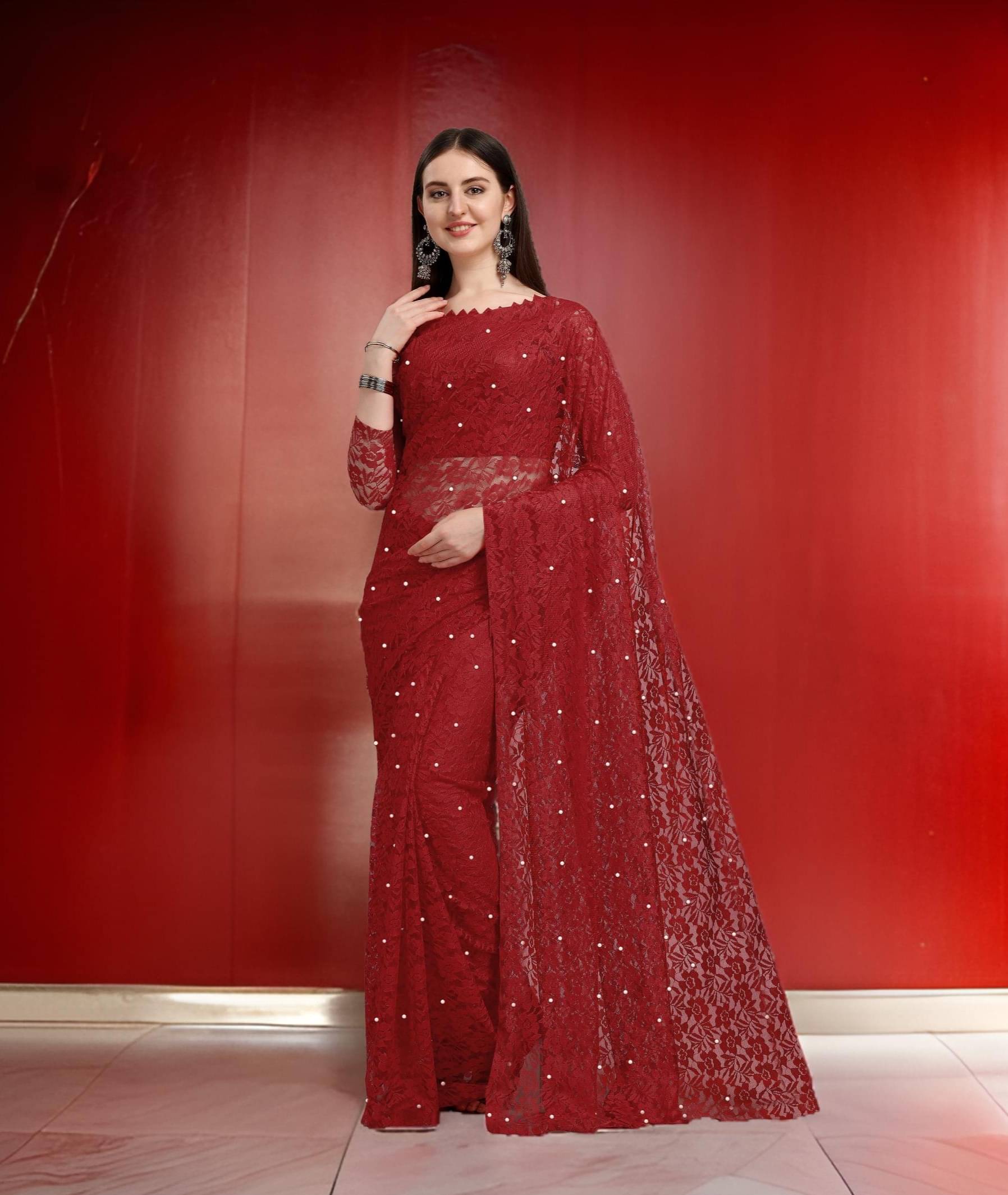     			Fashion Field Net Self Design Saree With Unstitched Blouse Piece ( Maroon )
