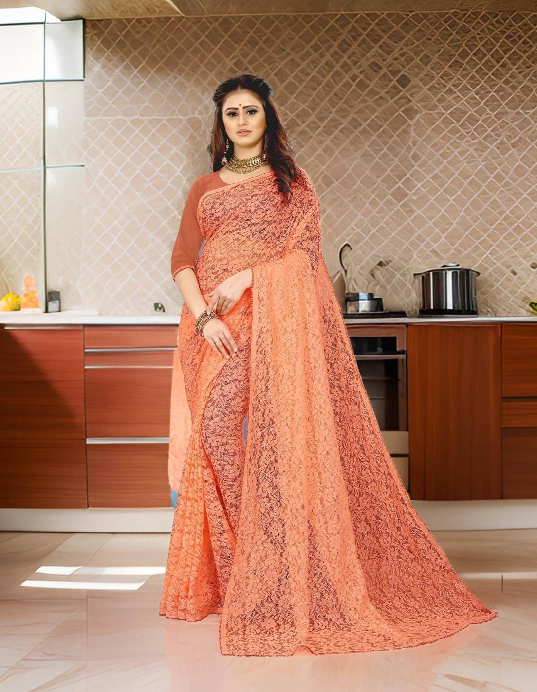     			Fashion Field Net Self Design Saree With Unstitched Blouse Piece ( Orange )
