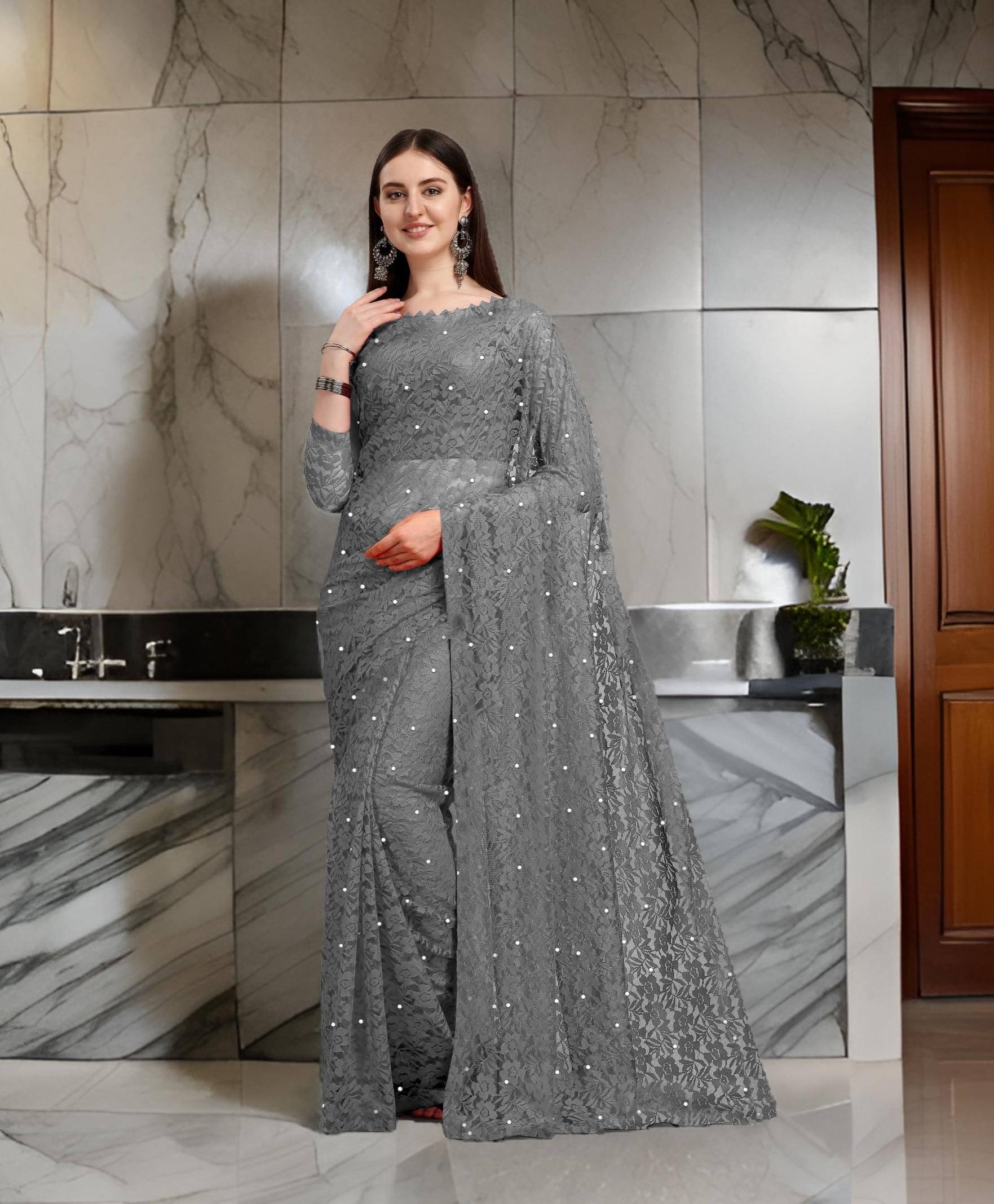 Fashion Field Net Self Design Saree With Unstitched Blouse Piece ( Grey ) Fashion Field Net Self Design Saree With Unstitched Blouse Piece ( Grey )