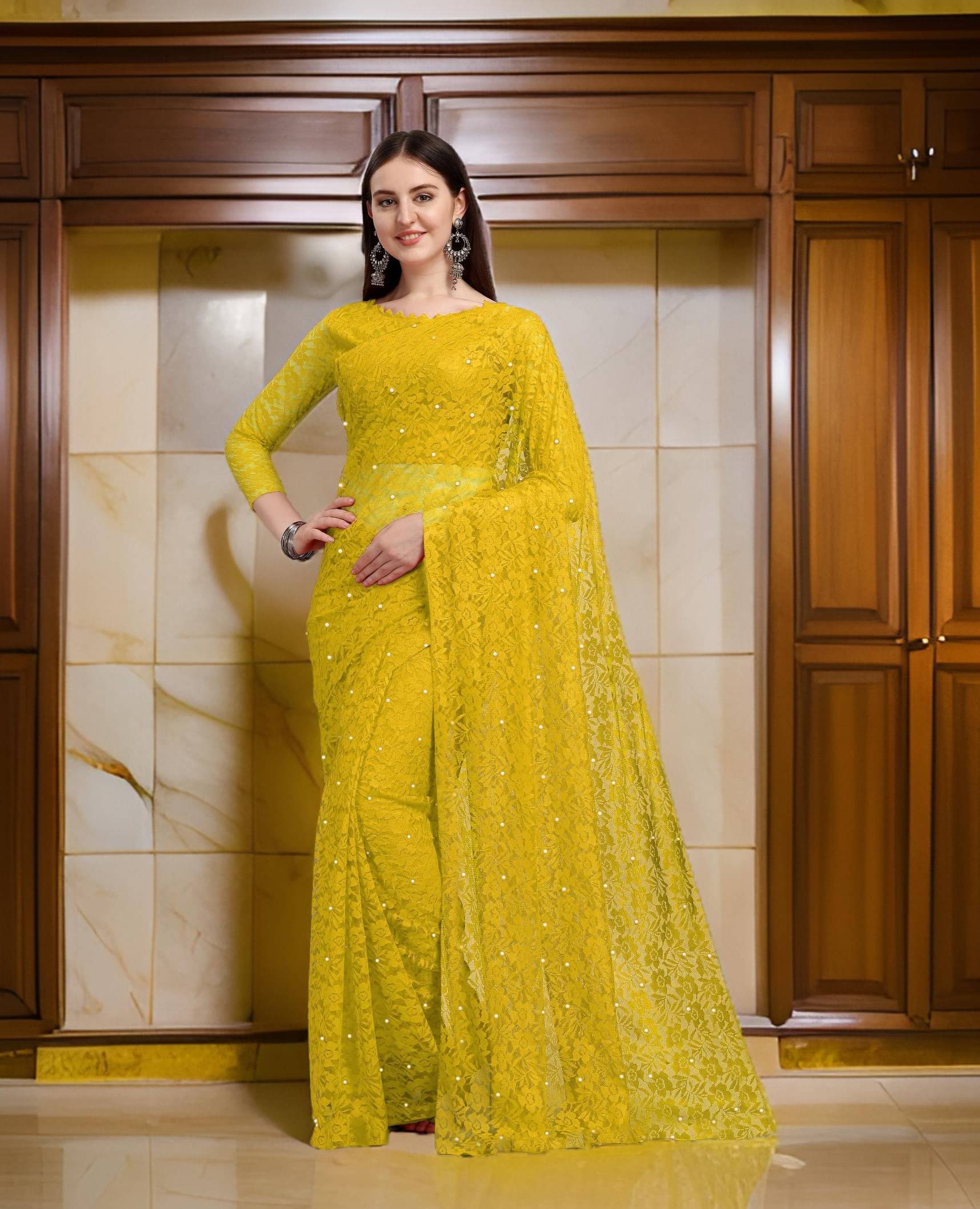 Fashion Field Net Self Design Saree With Unstitched Blouse Piece ( Yellow ) Fashion Field Net Self Design Saree With Unstitched Blouse Piece ( Yellow )