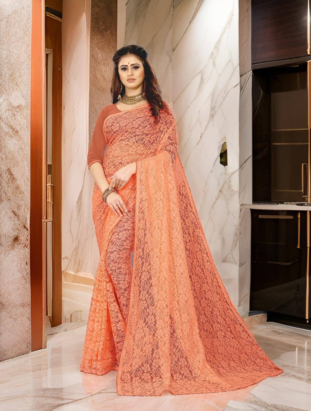 Fashion Field Net Self Design Saree With Unstitched Blouse Piece ( Orange ) Fashion Field Net Self Design Saree With Unstitched Blouse Piece ( Orange )