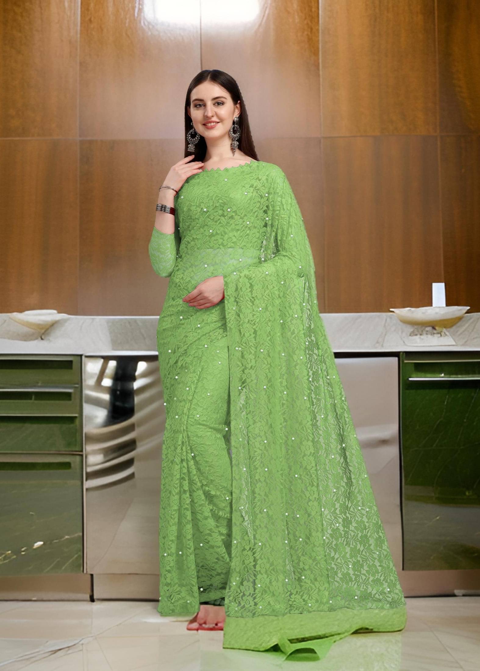     			Fashion Field Net Self Design Saree With Unstitched Blouse Piece ( Light Green )