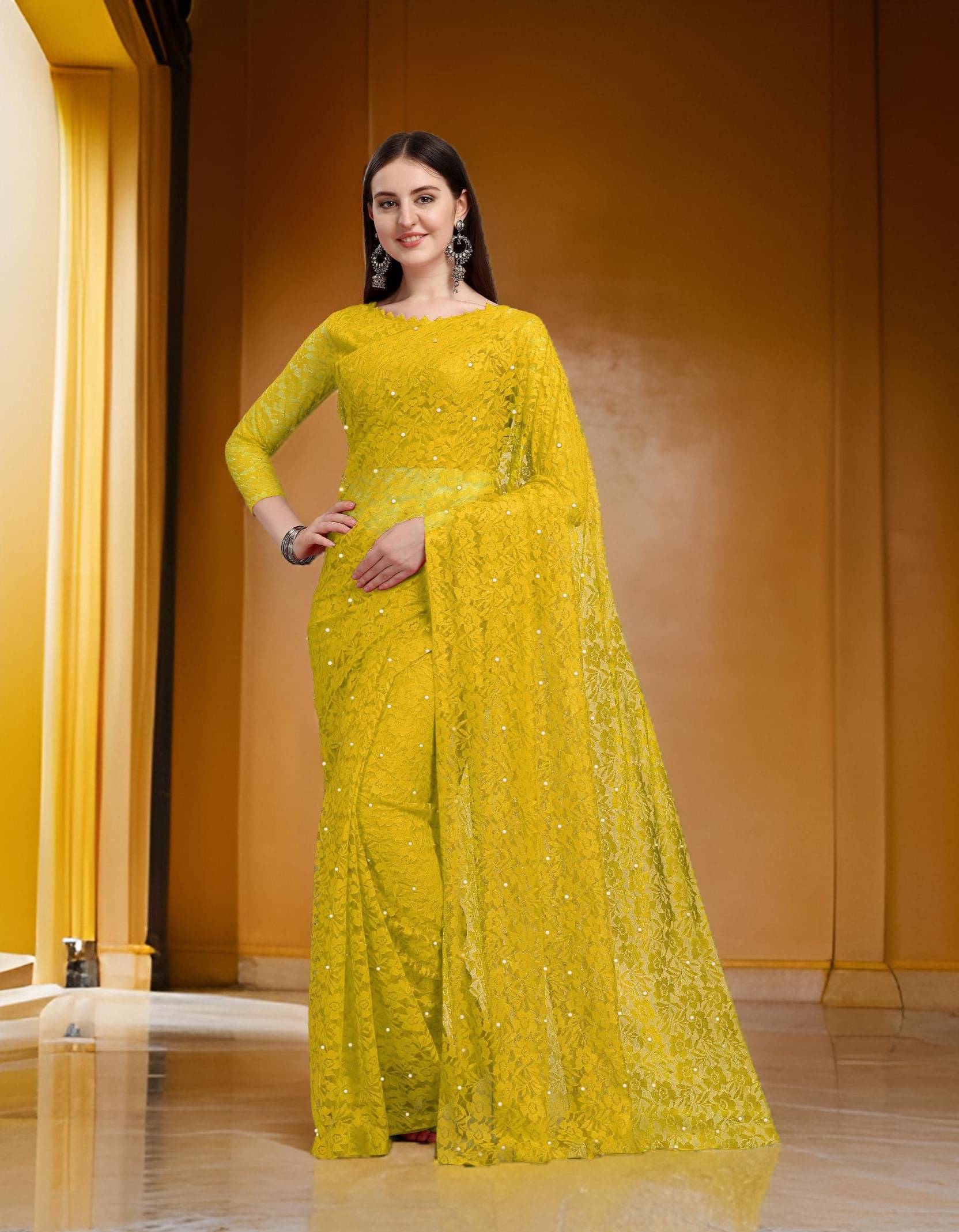Fashion Field Net Self Design Saree With Unstitched Blouse Piece ( Yellow ) Fashion Field Net Self Design Saree With Unstitched Blouse Piece ( Yellow )