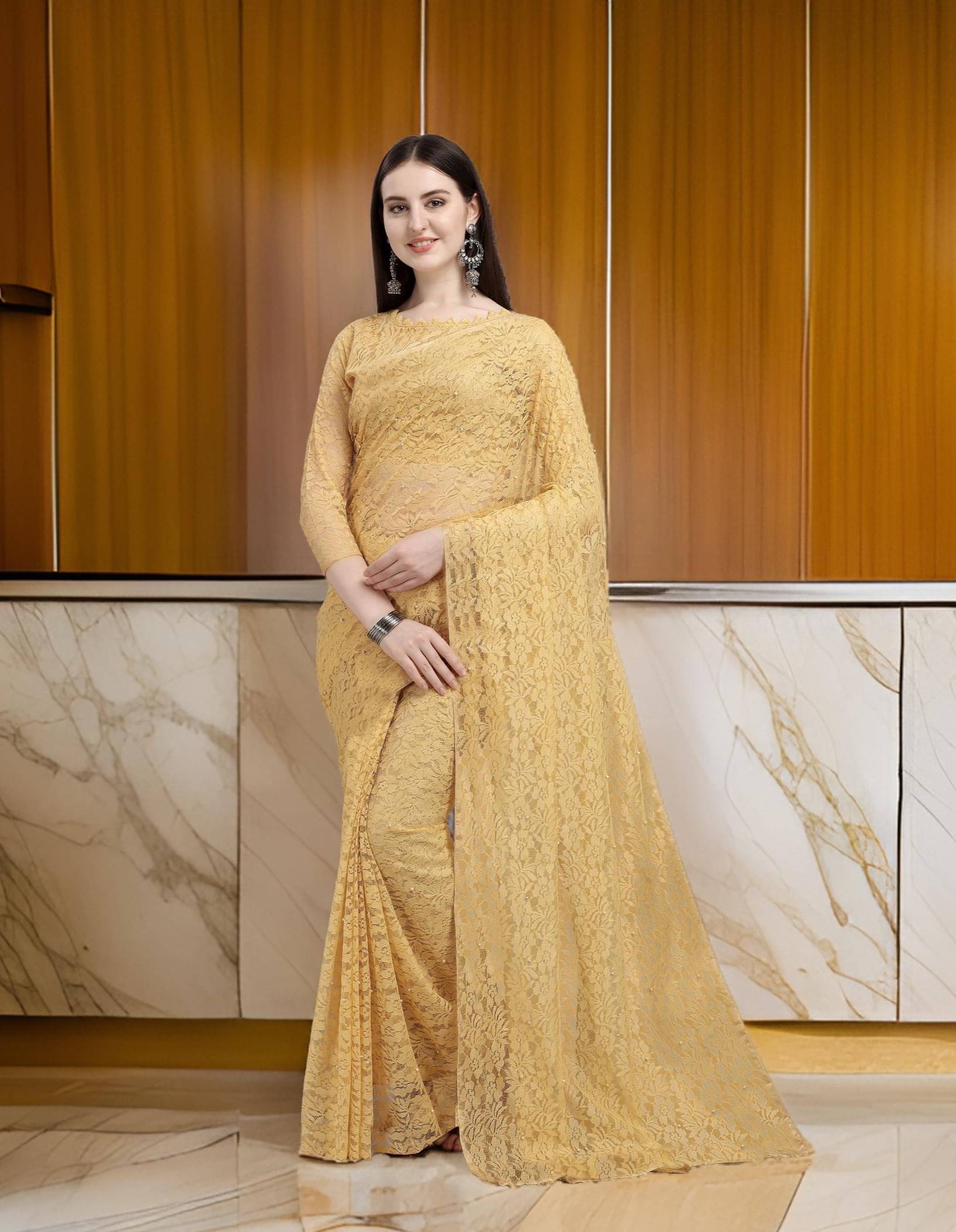     			Fashion Field Net Self Design Saree With Unstitched Blouse Piece ( Brown )