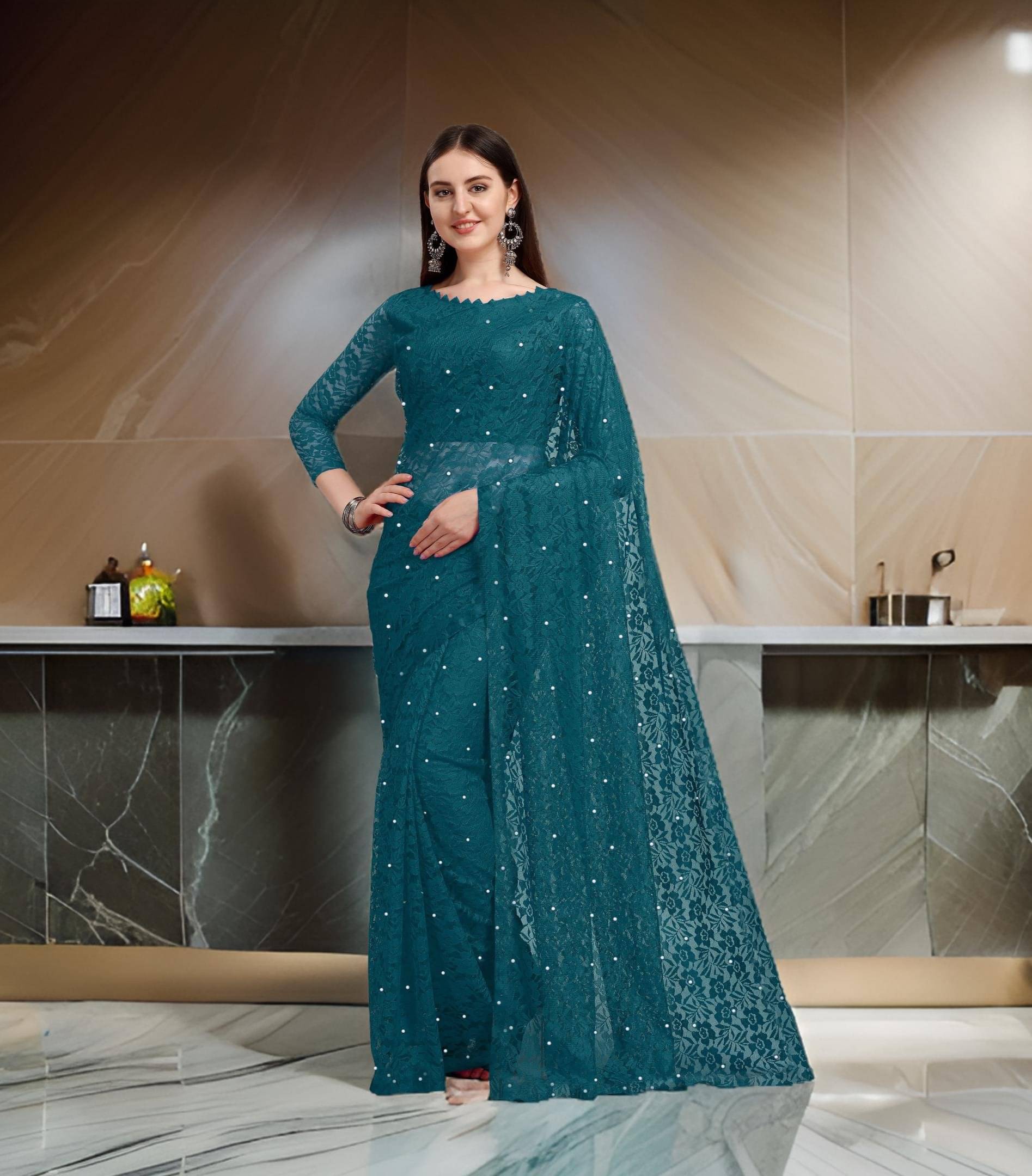 Fashion Field Net Self Design Saree With Unstitched Blouse Piece ( Rama ) Fashion Field Net Self Design Saree With Unstitched Blouse Piece ( Rama )