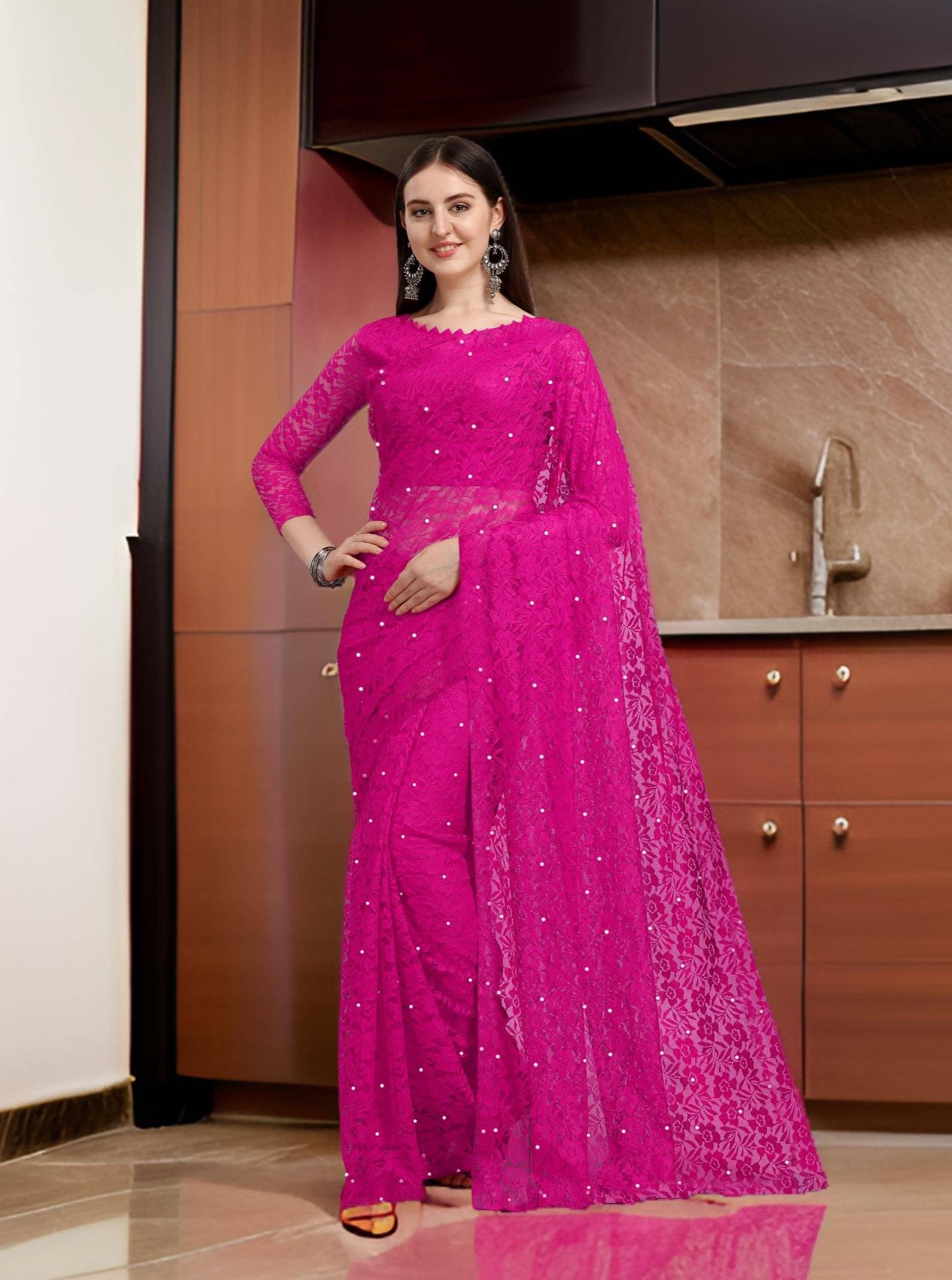 Fashion Field Net Self Design Saree With Unstitched Blouse Piece ( Rani ) Fashion Field Net Self Design Saree With Unstitched Blouse Piece ( Rani )