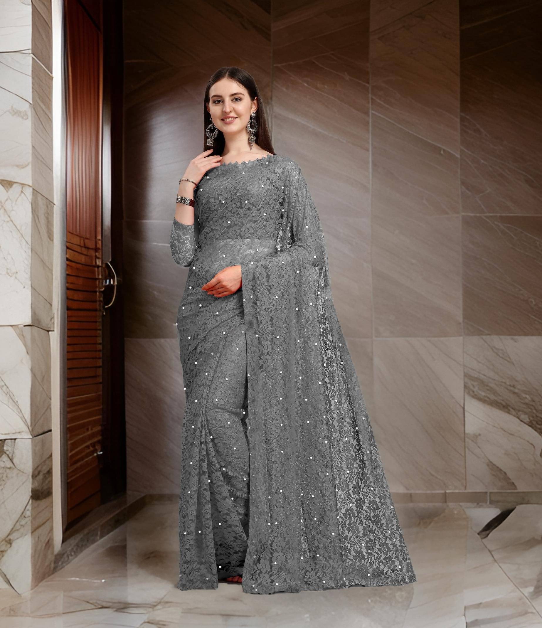 Fashion Field Net Self Design Saree With Unstitched Blouse Piece ( Grey ) Fashion Field Net Self Design Saree With Unstitched Blouse Piece ( Grey )