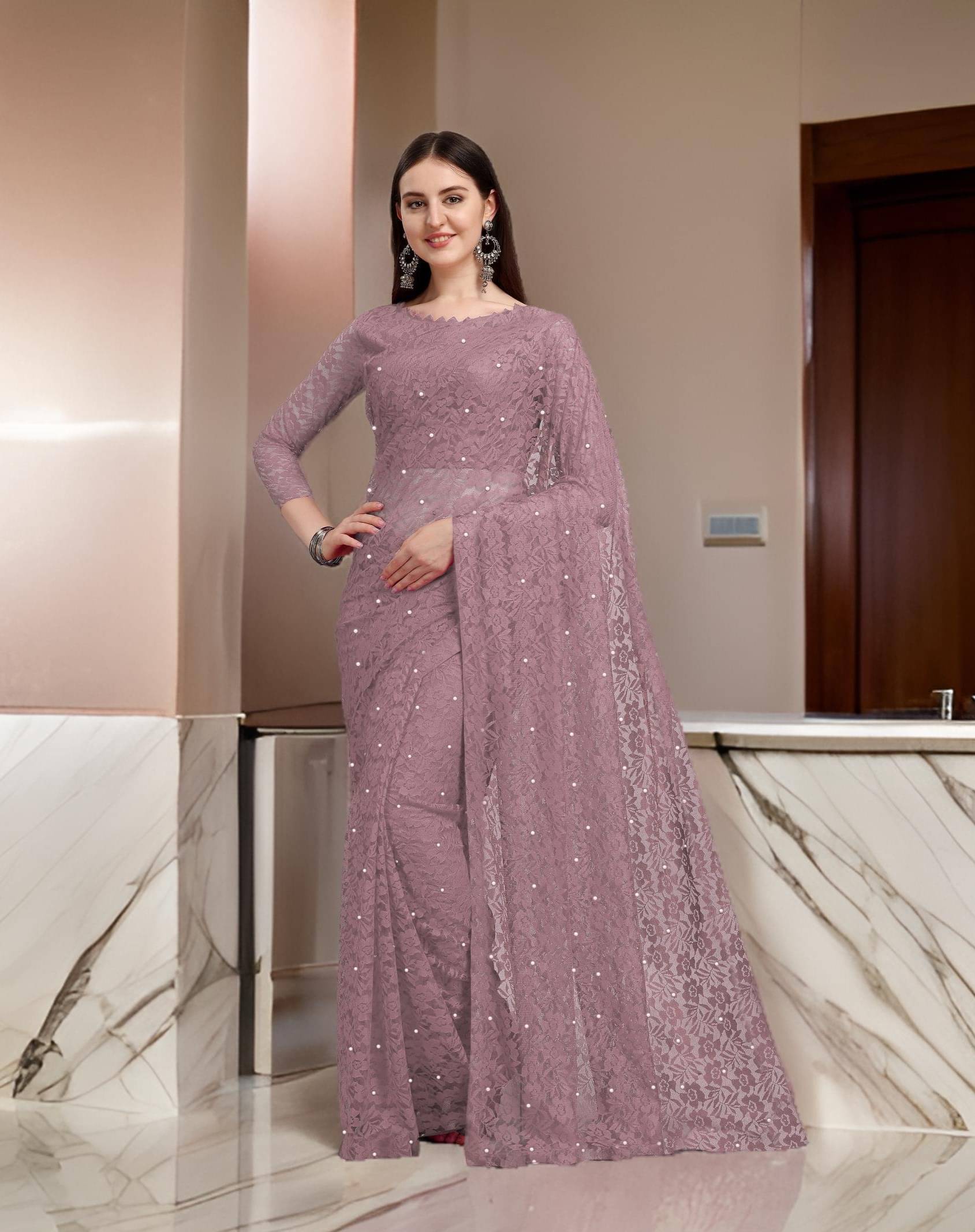     			Fashion Field Net Self Design Saree With Unstitched Blouse Piece ( Purple )