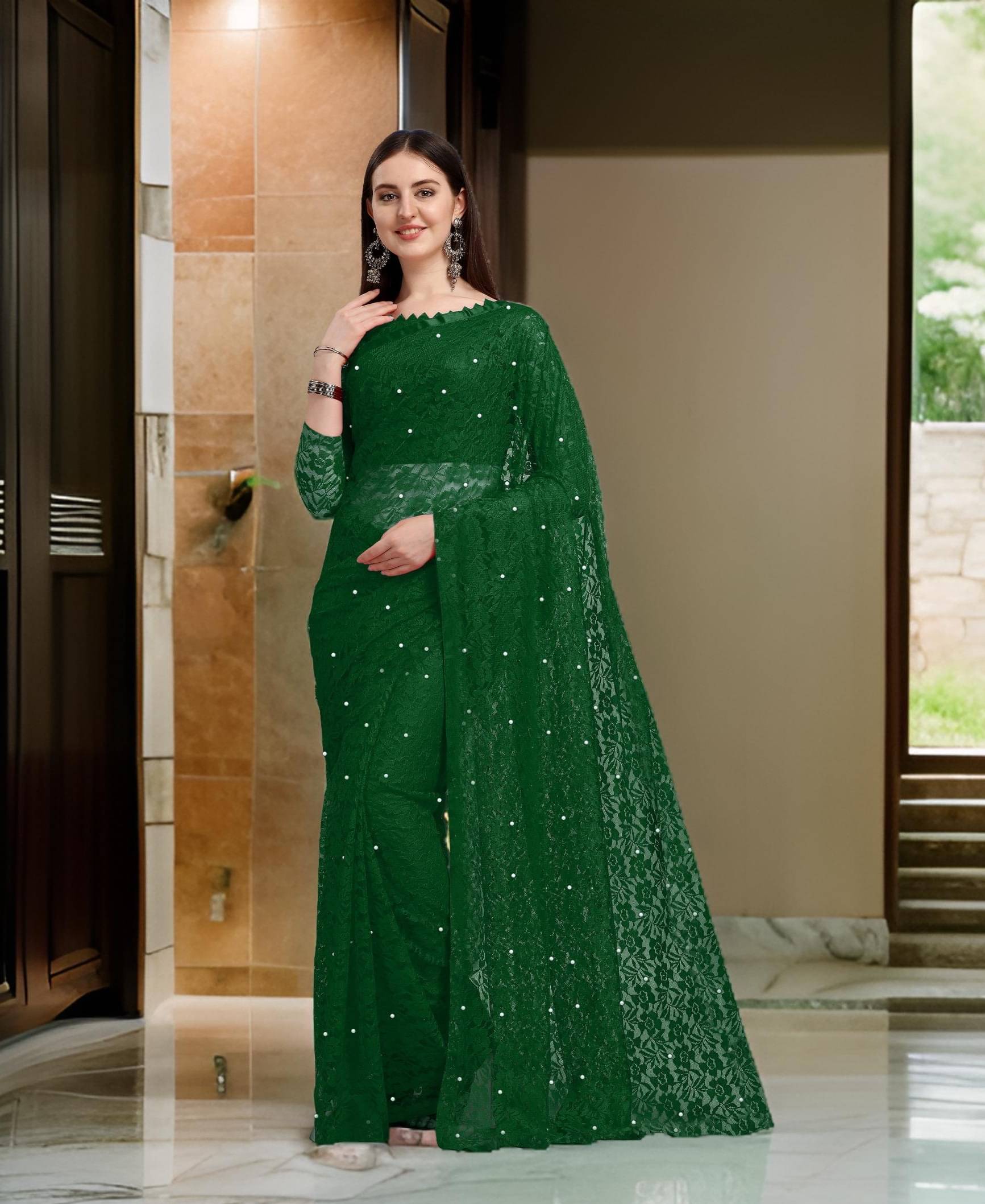     			Fashion Field Net Self Design Saree With Unstitched Blouse Piece ( Green )