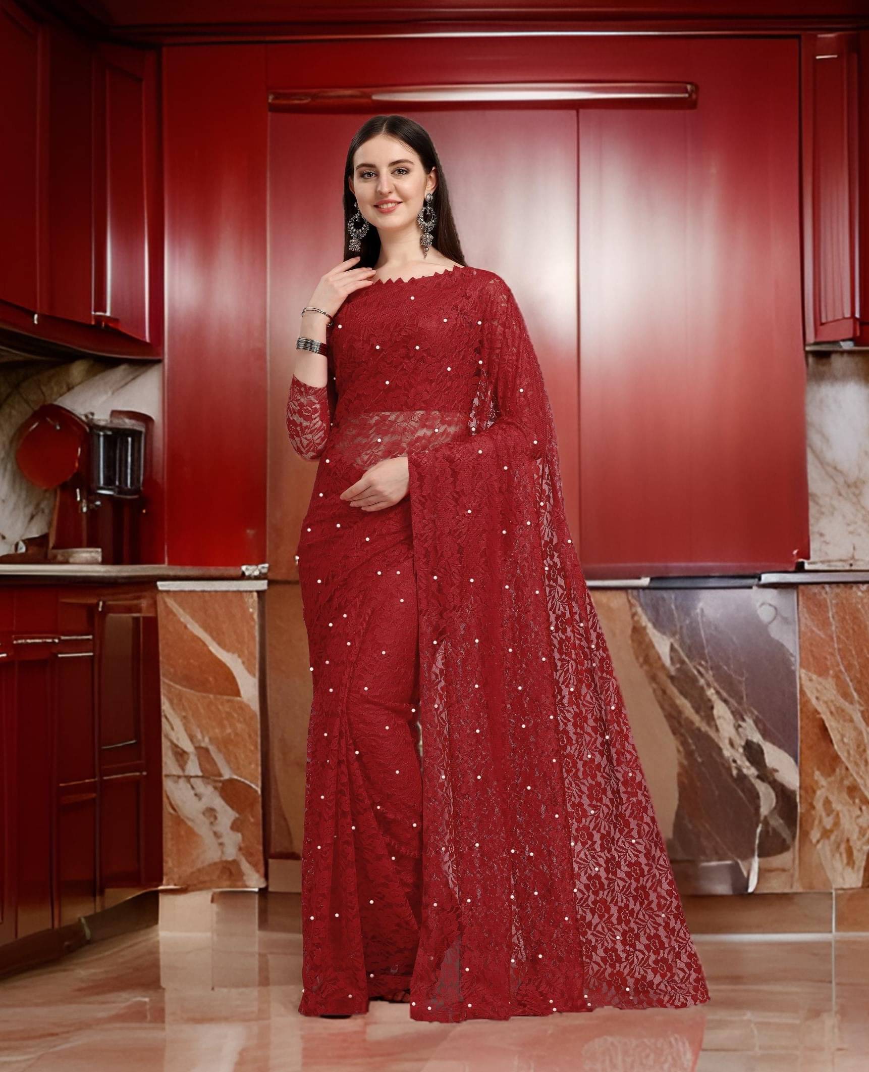     			Fashion Field Net Self Design Saree With Unstitched Blouse Piece ( Maroon )