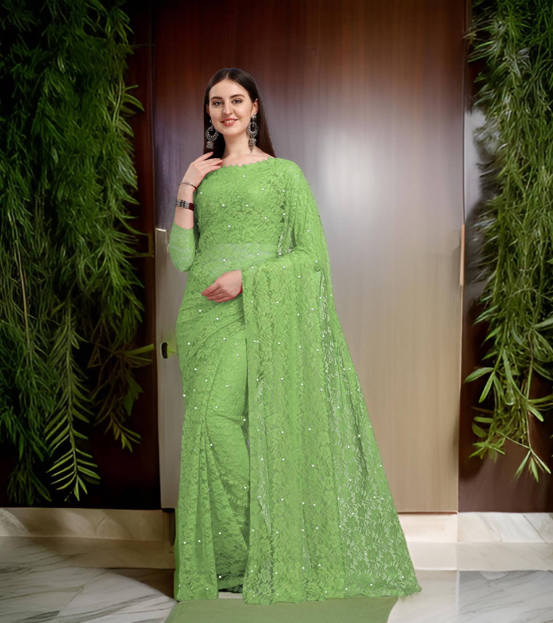     			Fashion Field Net Self Design Saree With Unstitched Blouse Piece ( Light Green )