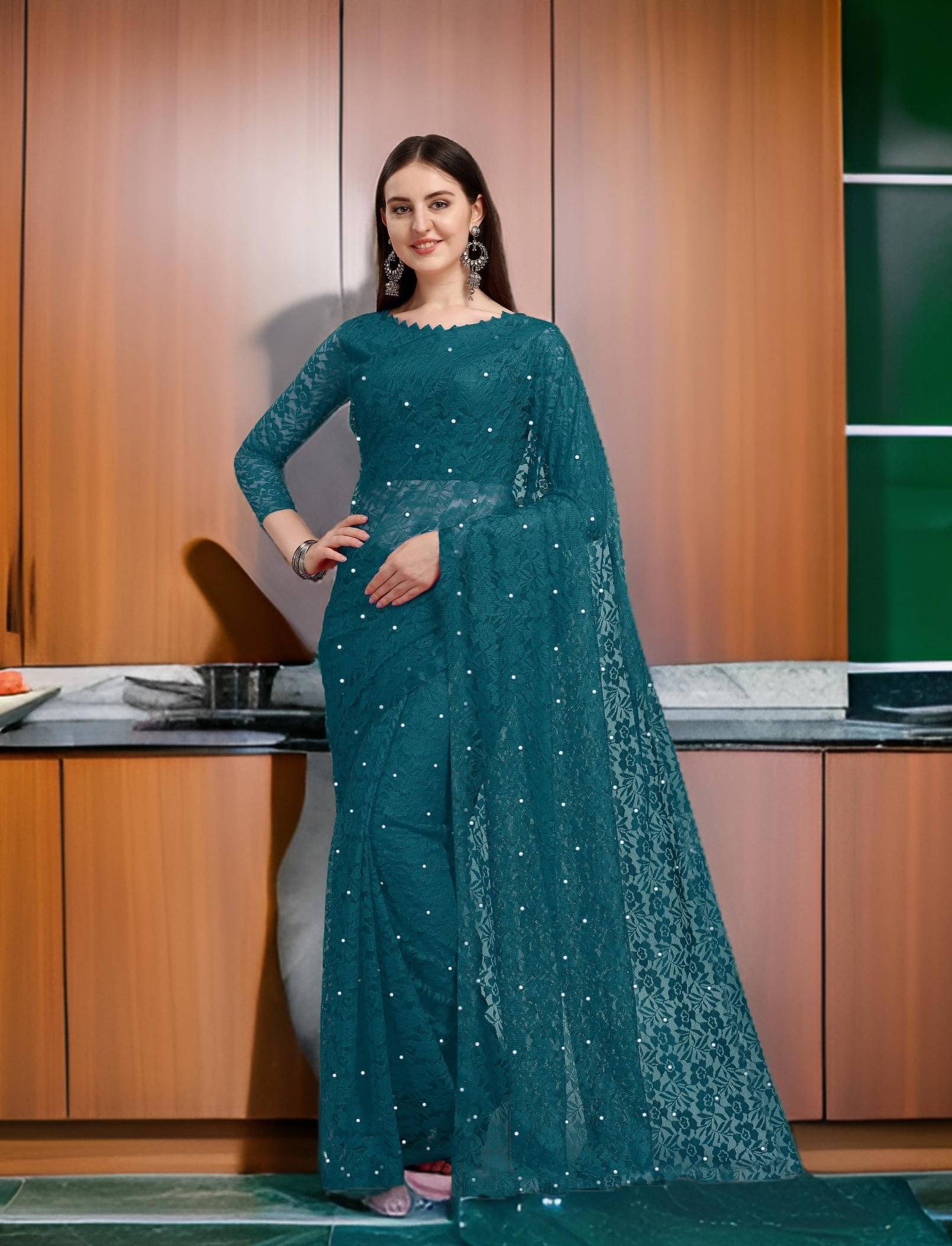 Fashion Field Net Self Design Saree With Unstitched Blouse Piece ( Rama ) Fashion Field Net Self Design Saree With Unstitched Blouse Piece ( Rama )