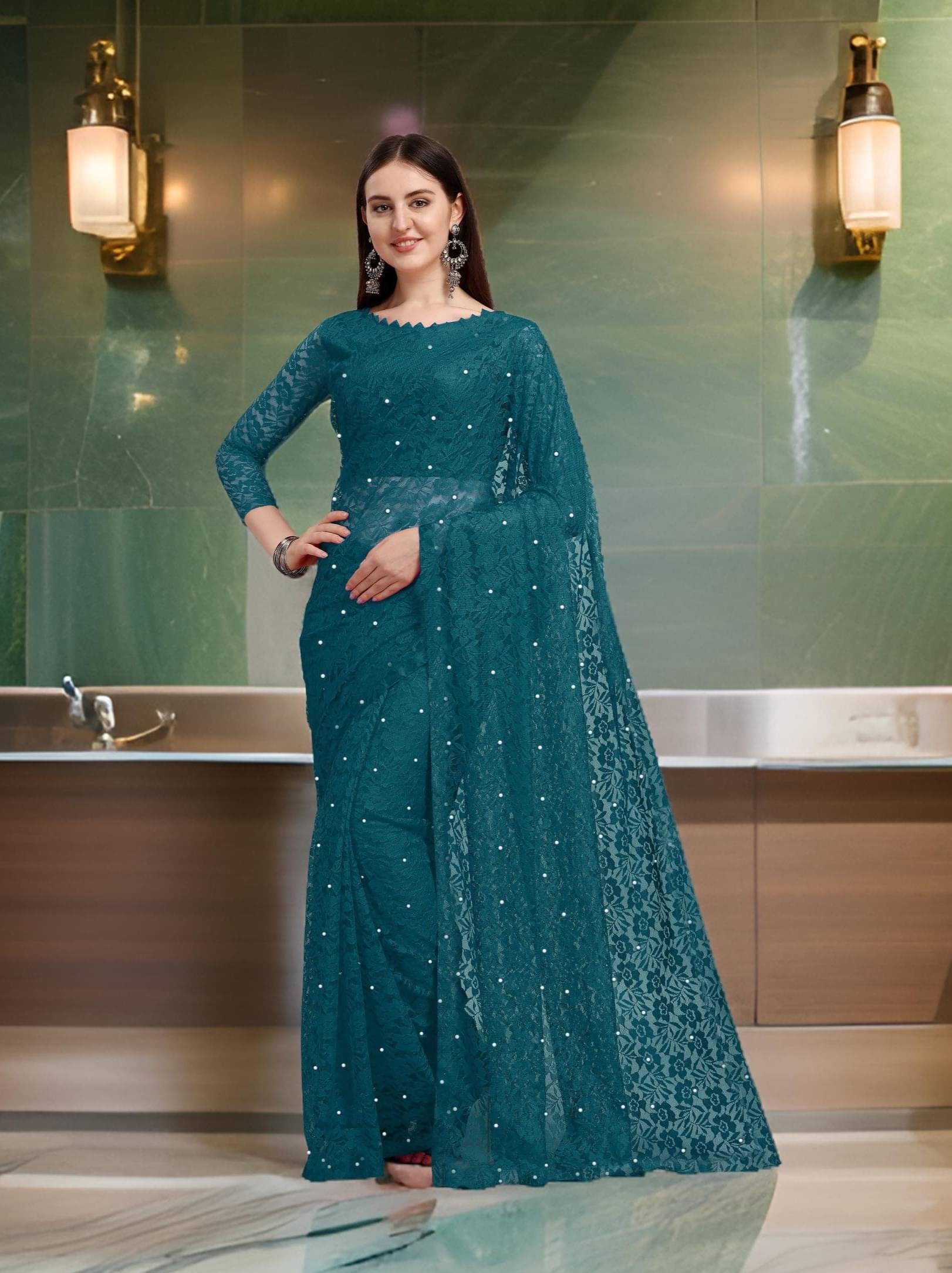 Fashion Field Net Self Design Saree With Unstitched Blouse Piece ( Rama ) Fashion Field Net Self Design Saree With Unstitched Blouse Piece ( Rama )