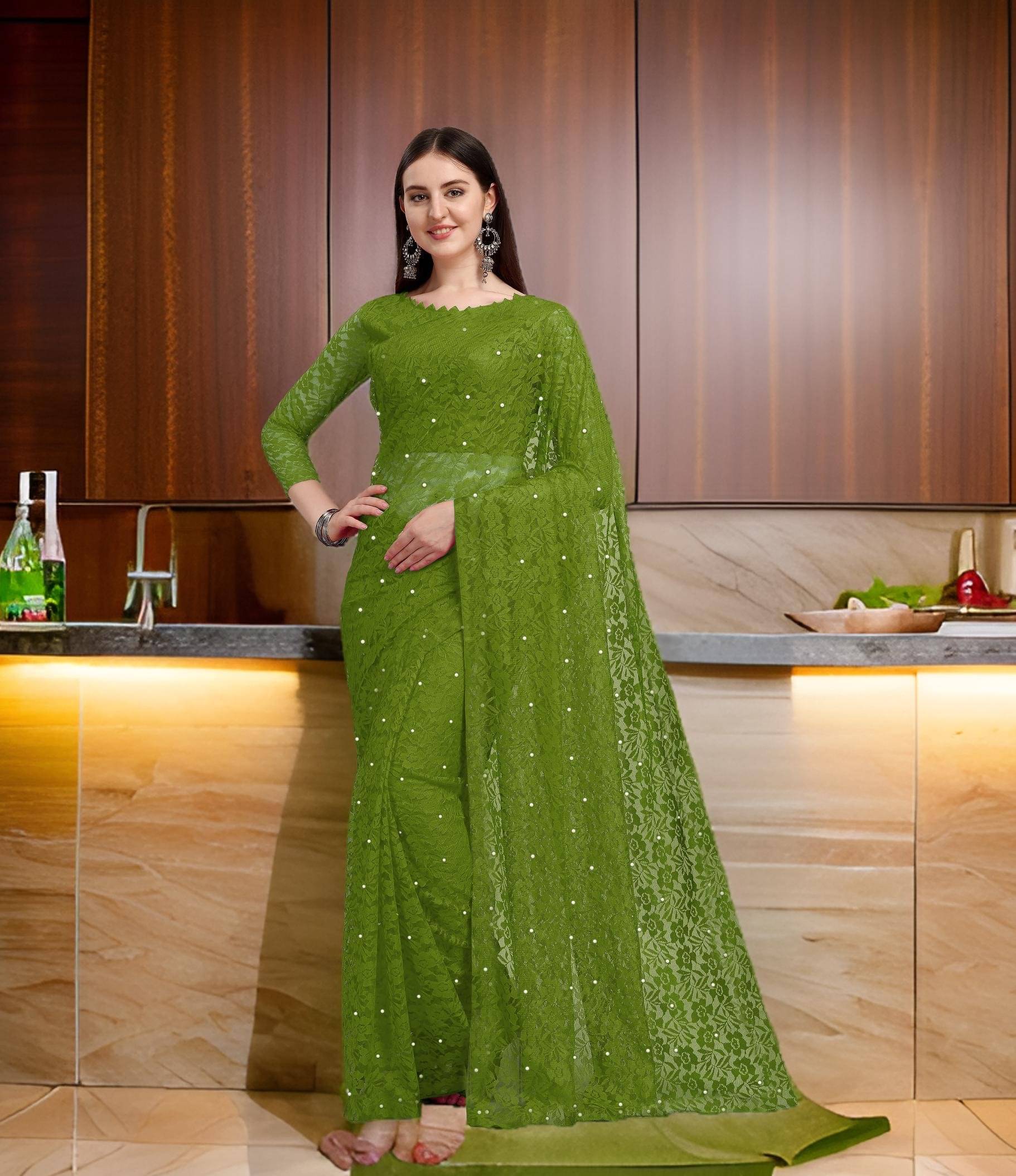 Fashion Field Net Self Design Saree With Unstitched Blouse Piece ( Green ) Fashion Field Net Self Design Saree With Unstitched Blouse Piece ( Green )