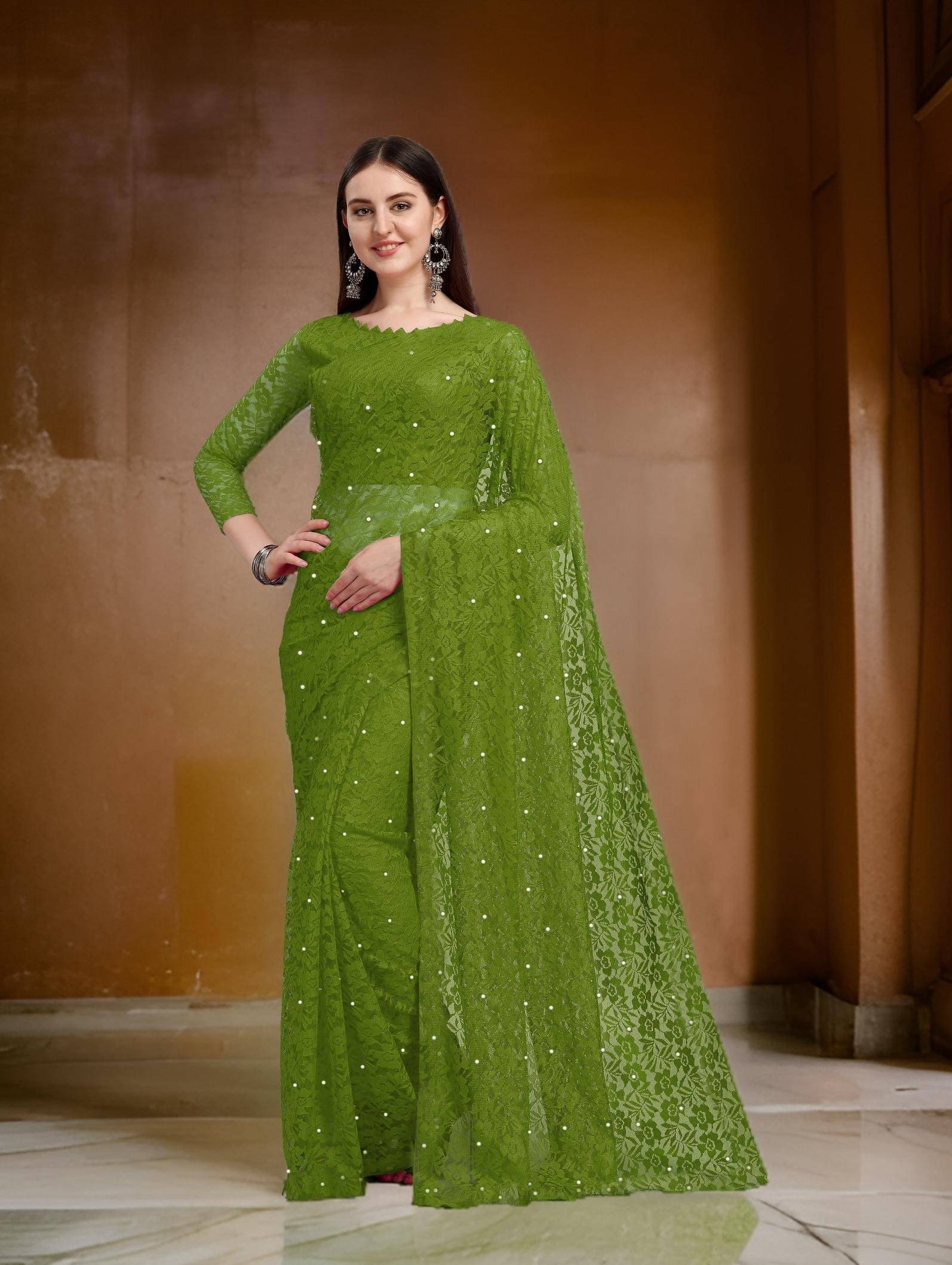     			Fashion Field Net Self Design Saree With Unstitched Blouse Piece ( Green )