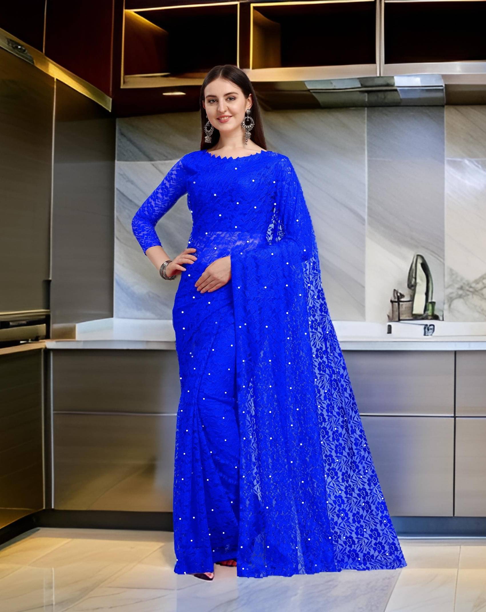     			Fashion Field Net Self Design Saree With Unstitched Blouse Piece ( Blue )