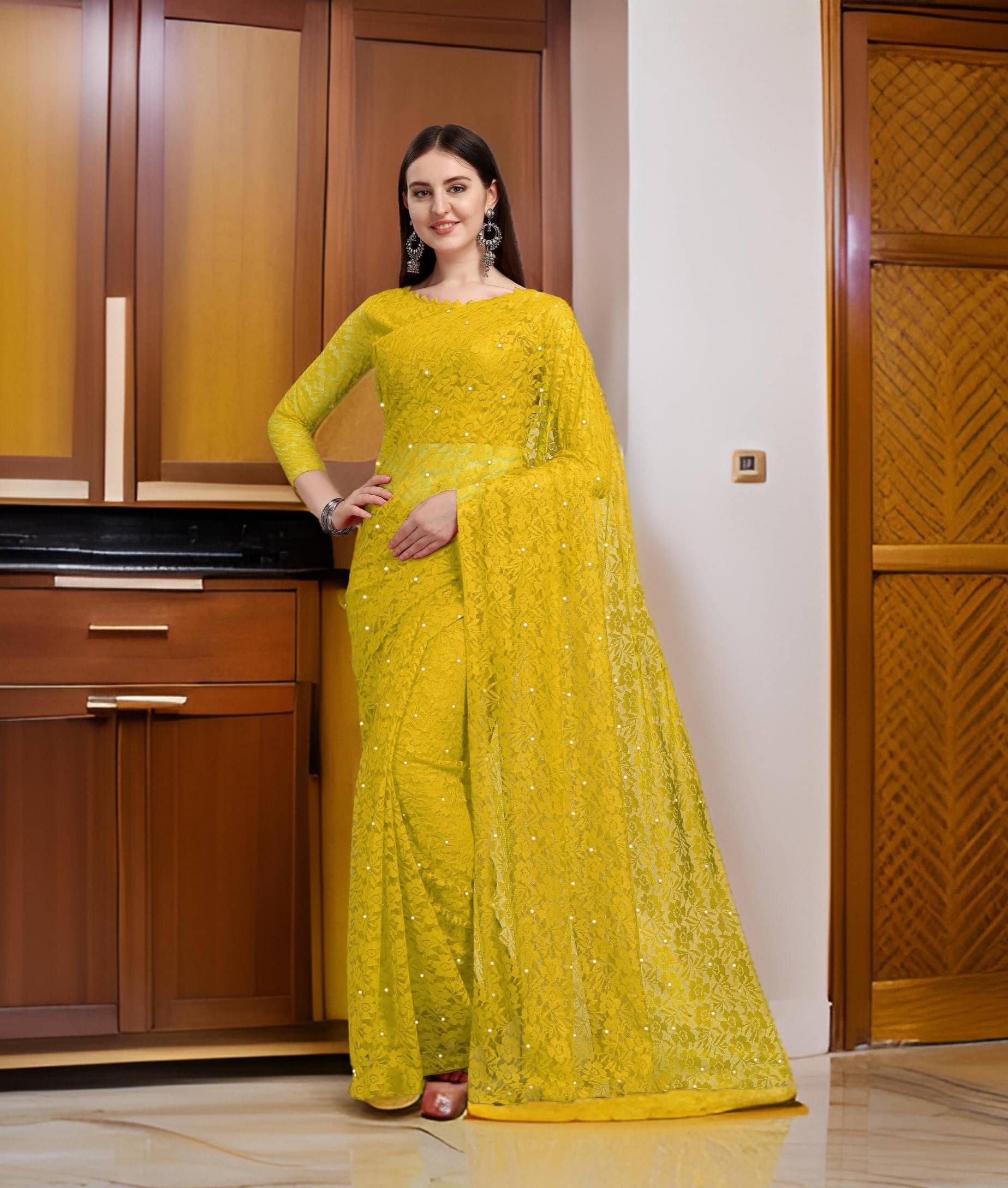 Fashion Field Net Self Design Saree With Unstitched Blouse Piece ( Yellow ) Fashion Field Net Self Design Saree With Unstitched Blouse Piece ( Yellow )