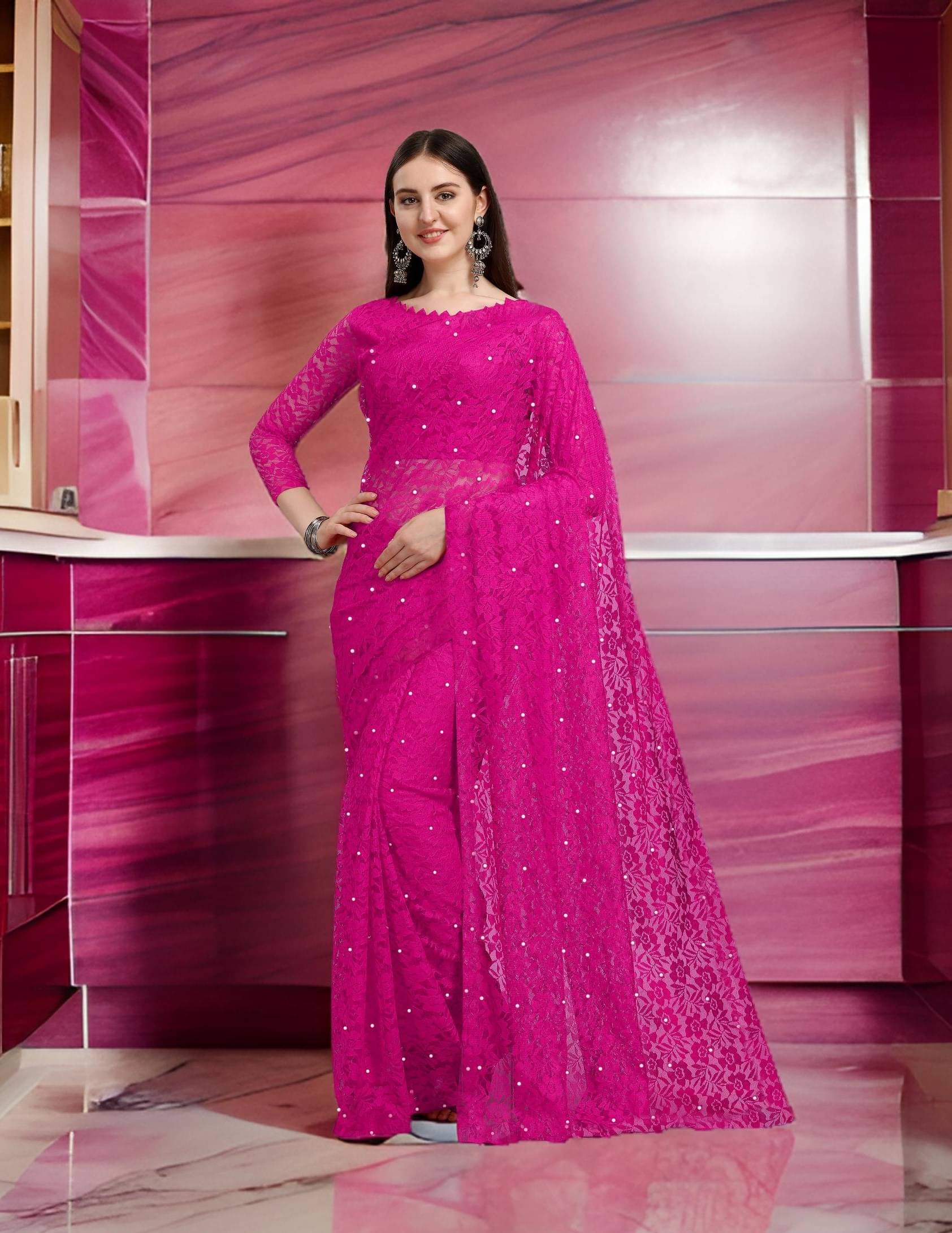 Fashion Field Net Self Design Saree With Unstitched Blouse Piece ( Rani ) Fashion Field Net Self Design Saree With Unstitched Blouse Piece ( Rani )