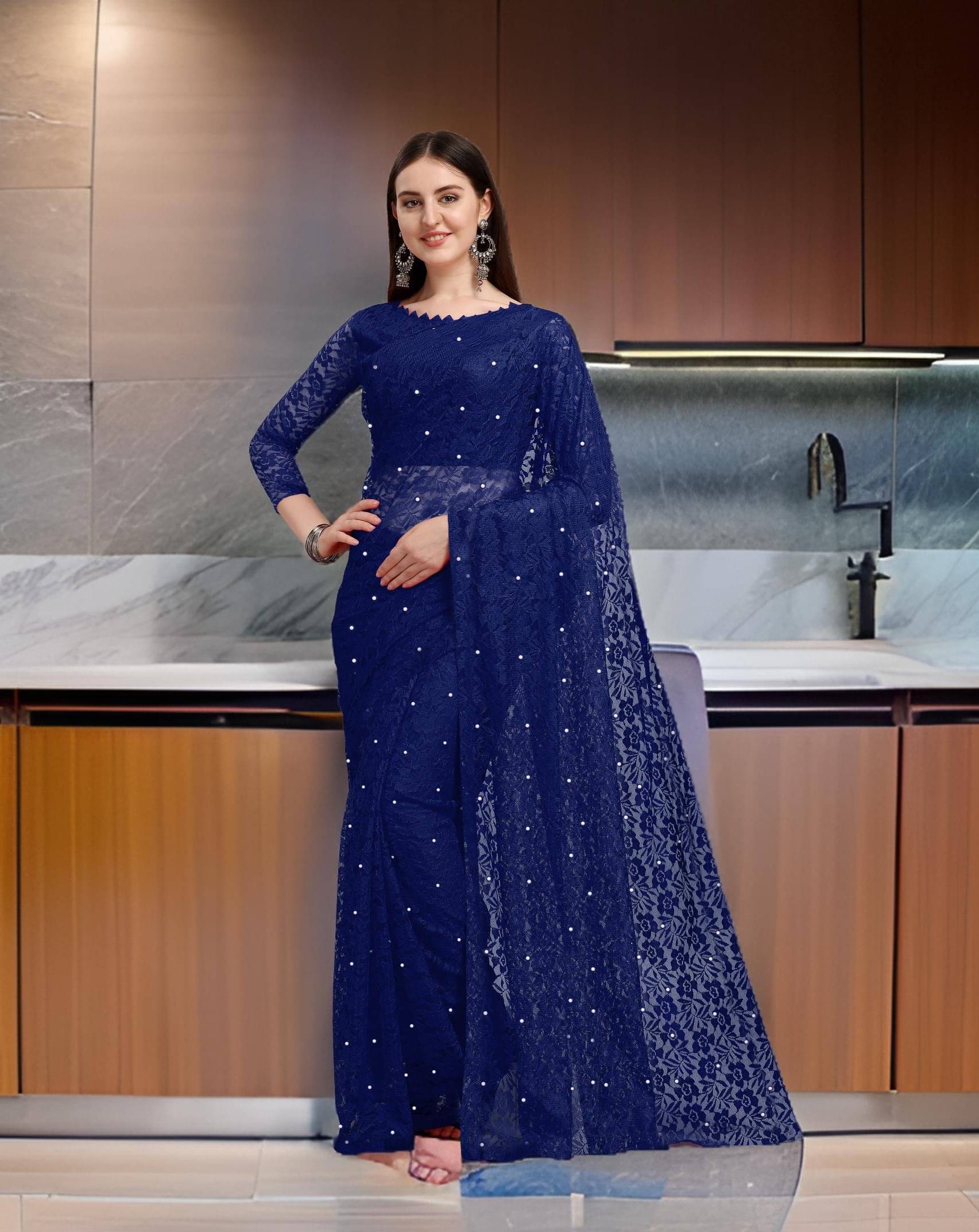     			Fashion Field Net Self Design Saree With Unstitched Blouse Piece ( Navy Blue )