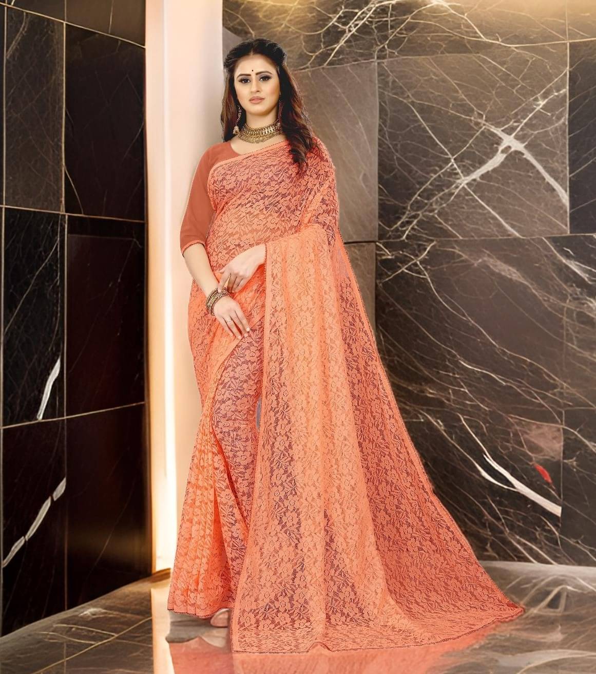     			Fashion Field Net Self Design Saree With Unstitched Blouse Piece ( Orange )