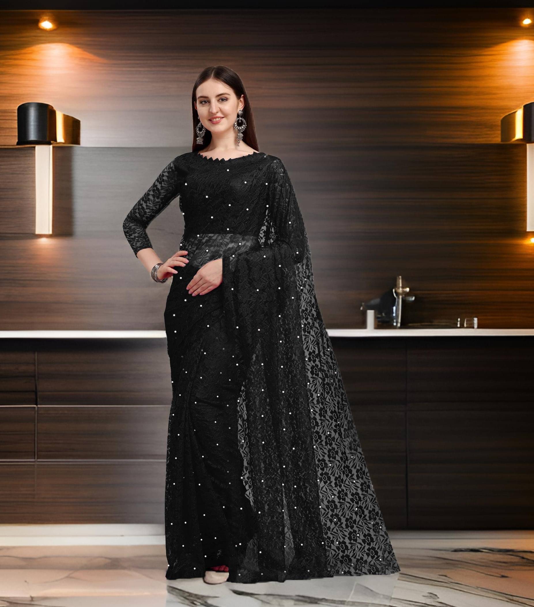 Fashion Field Net Self Design Saree With Unstitched Blouse Piece ( Black ) Fashion Field Net Self Design Saree With Unstitched Blouse Piece ( Black )