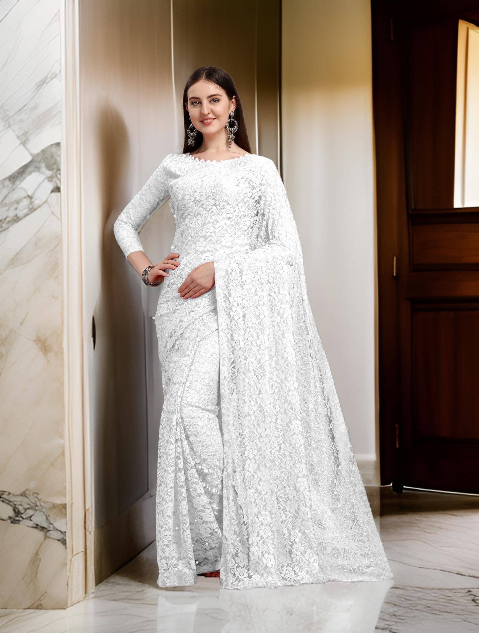     			Fashion Field Net Self Design Saree With Unstitched Blouse Piece ( White )