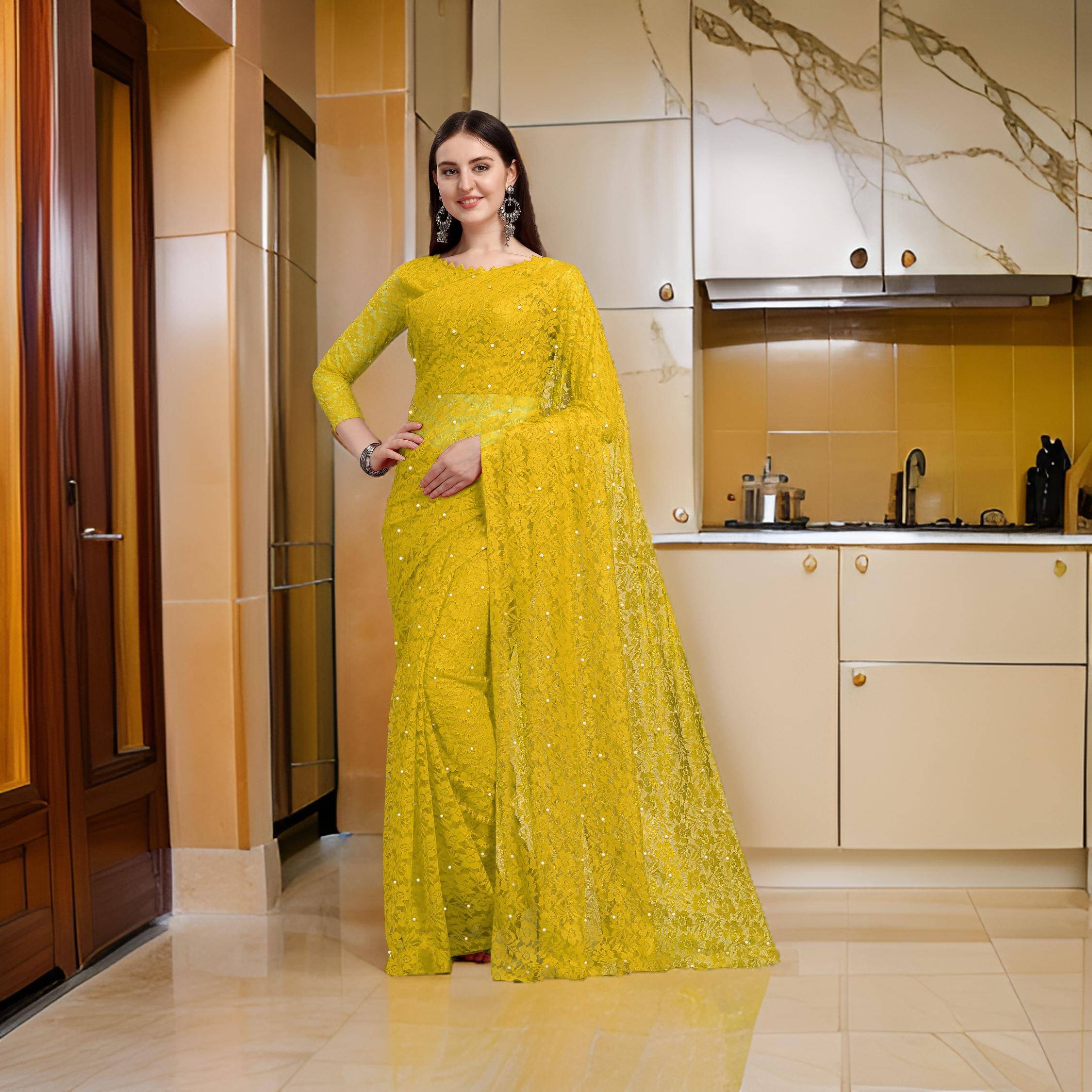     			Fashion Field Net Self Design Saree With Unstitched Blouse Piece ( Yellow )