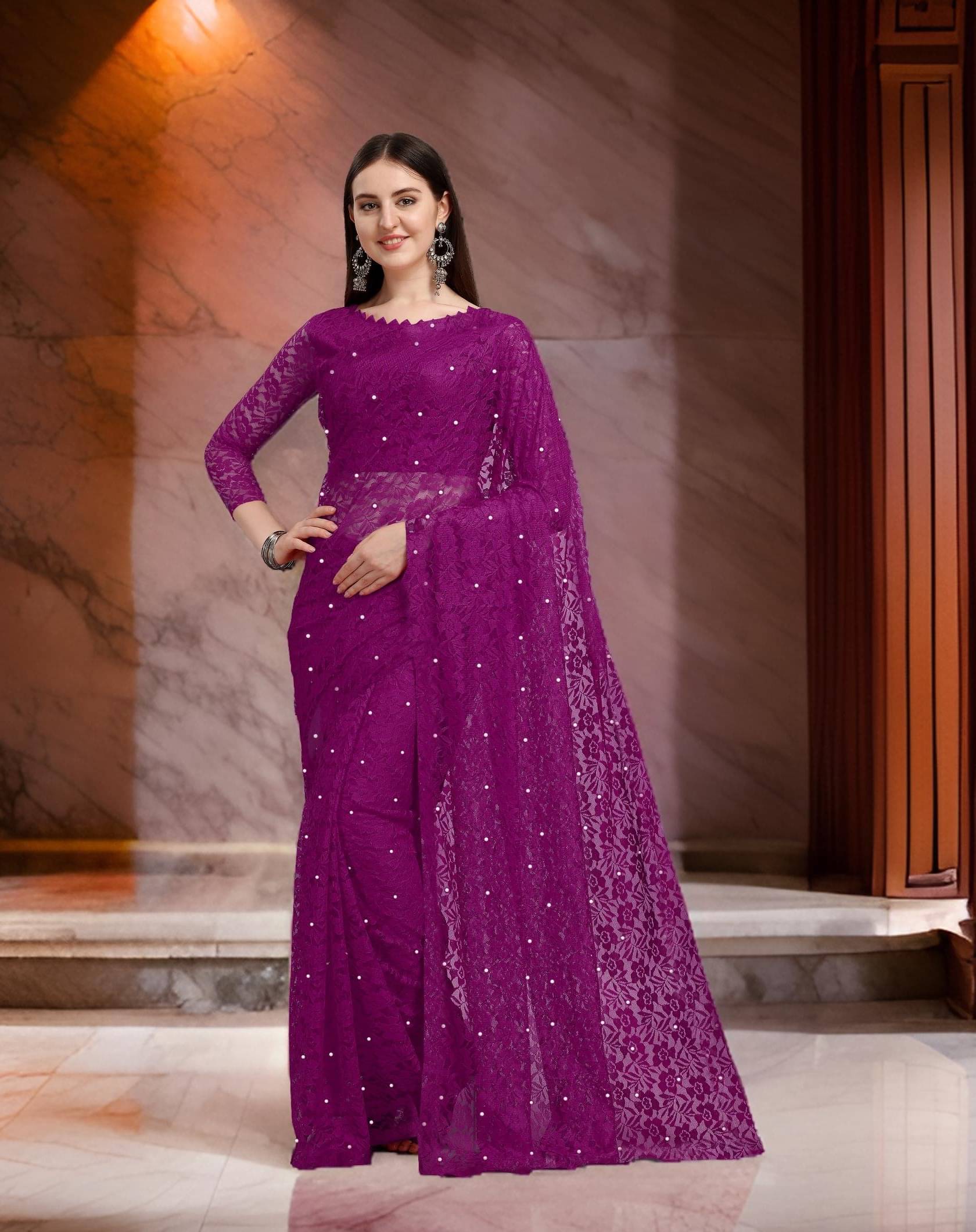     			Fashion Field Net Self Design Saree With Unstitched Blouse Piece ( Wine )