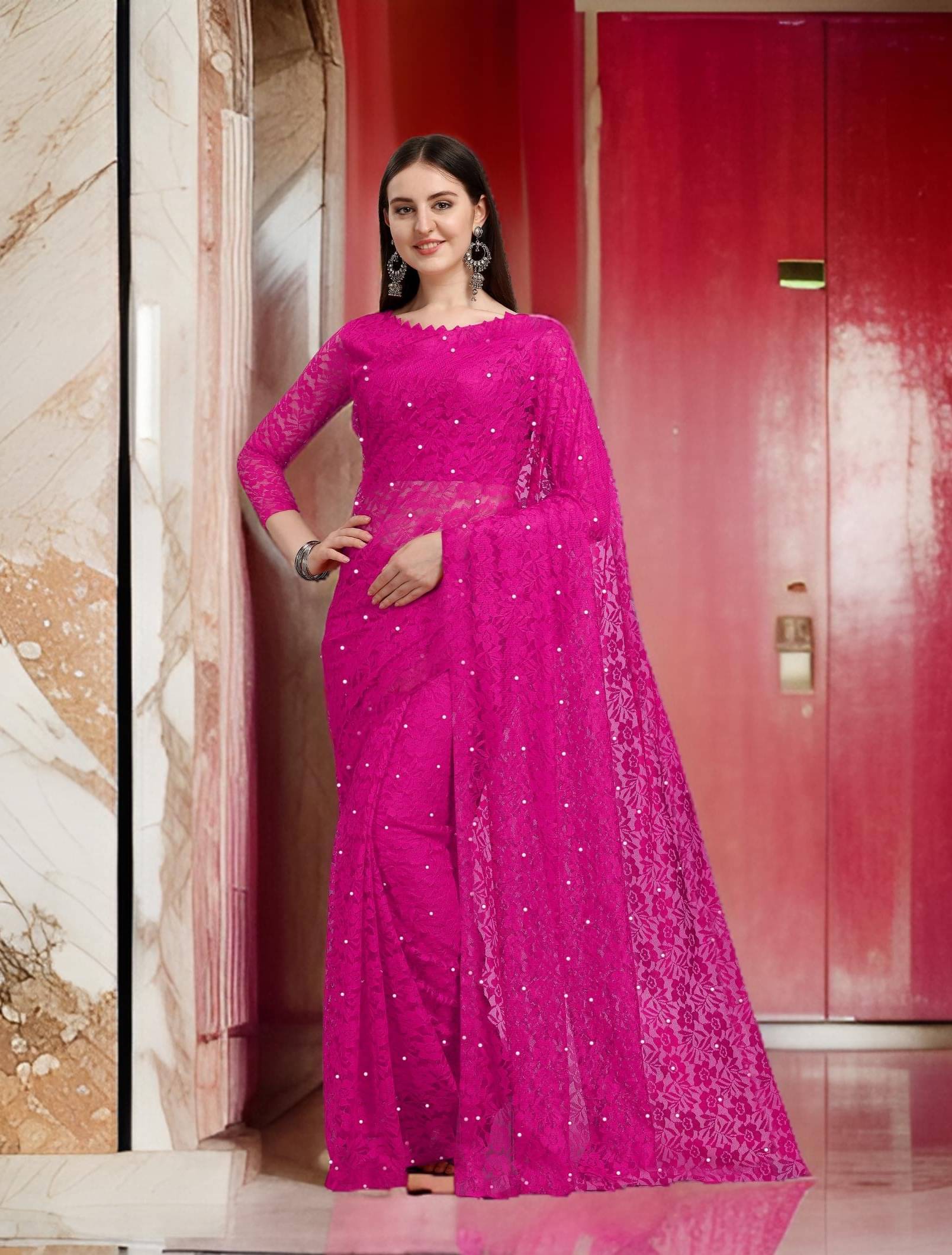 Fashion Field Net Self Design Saree With Unstitched Blouse Piece ( Rani ) Fashion Field Net Self Design Saree With Unstitched Blouse Piece ( Rani )
