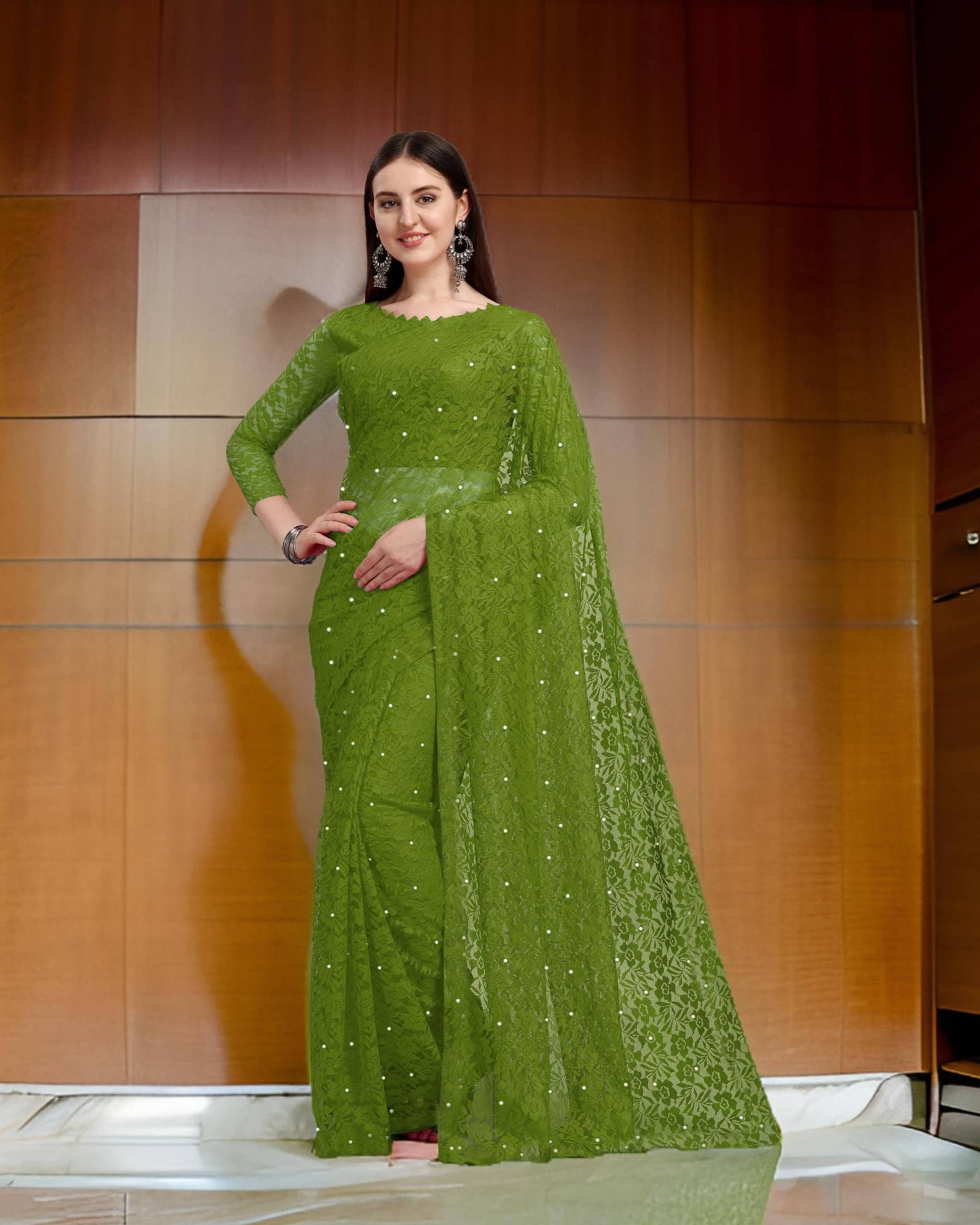     			Fashion Field Net Self Design Saree With Unstitched Blouse Piece ( Green )