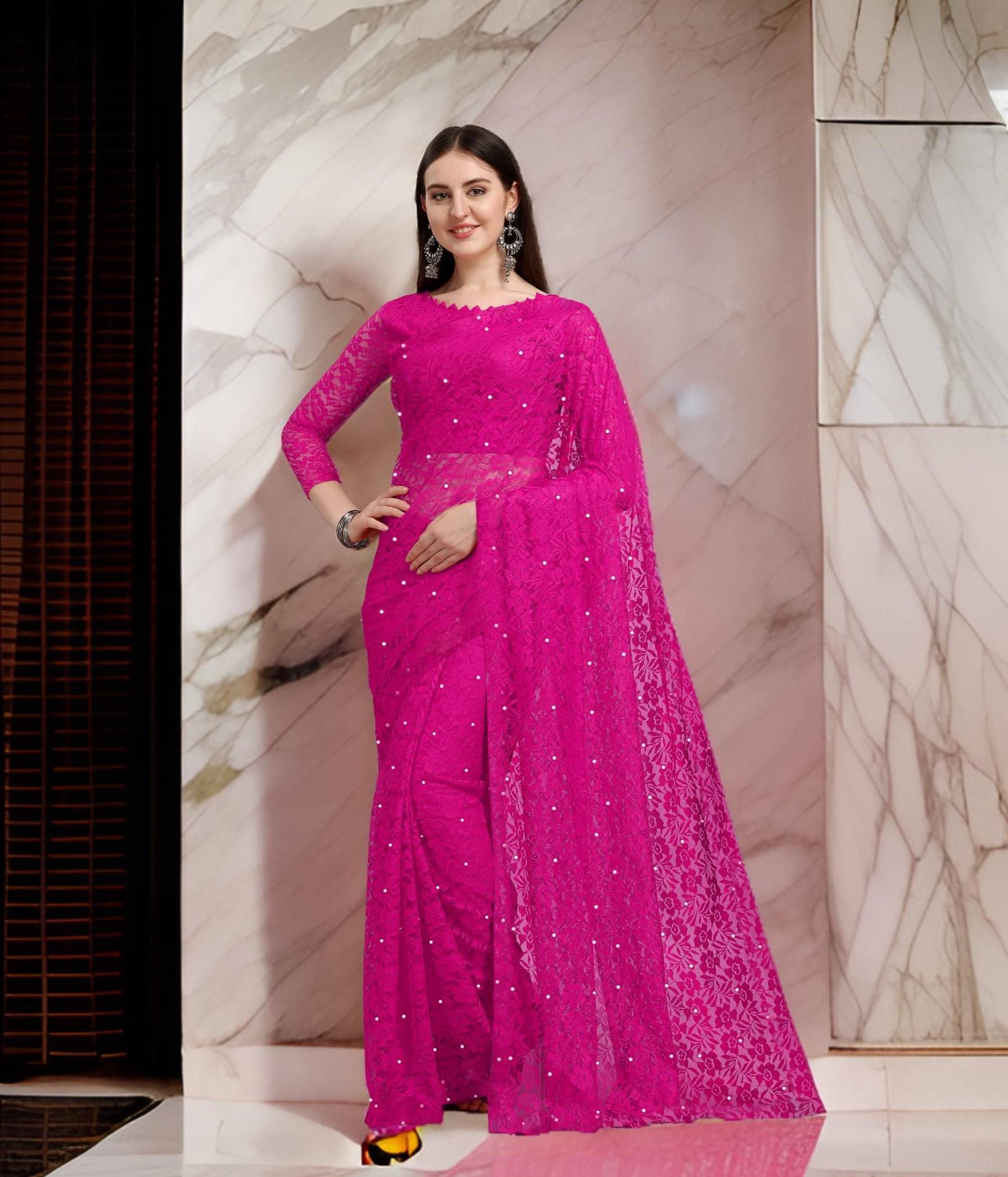 Fashion Field Net Self Design Saree With Unstitched Blouse Piece ( Rani ) Fashion Field Net Self Design Saree With Unstitched Blouse Piece ( Rani )