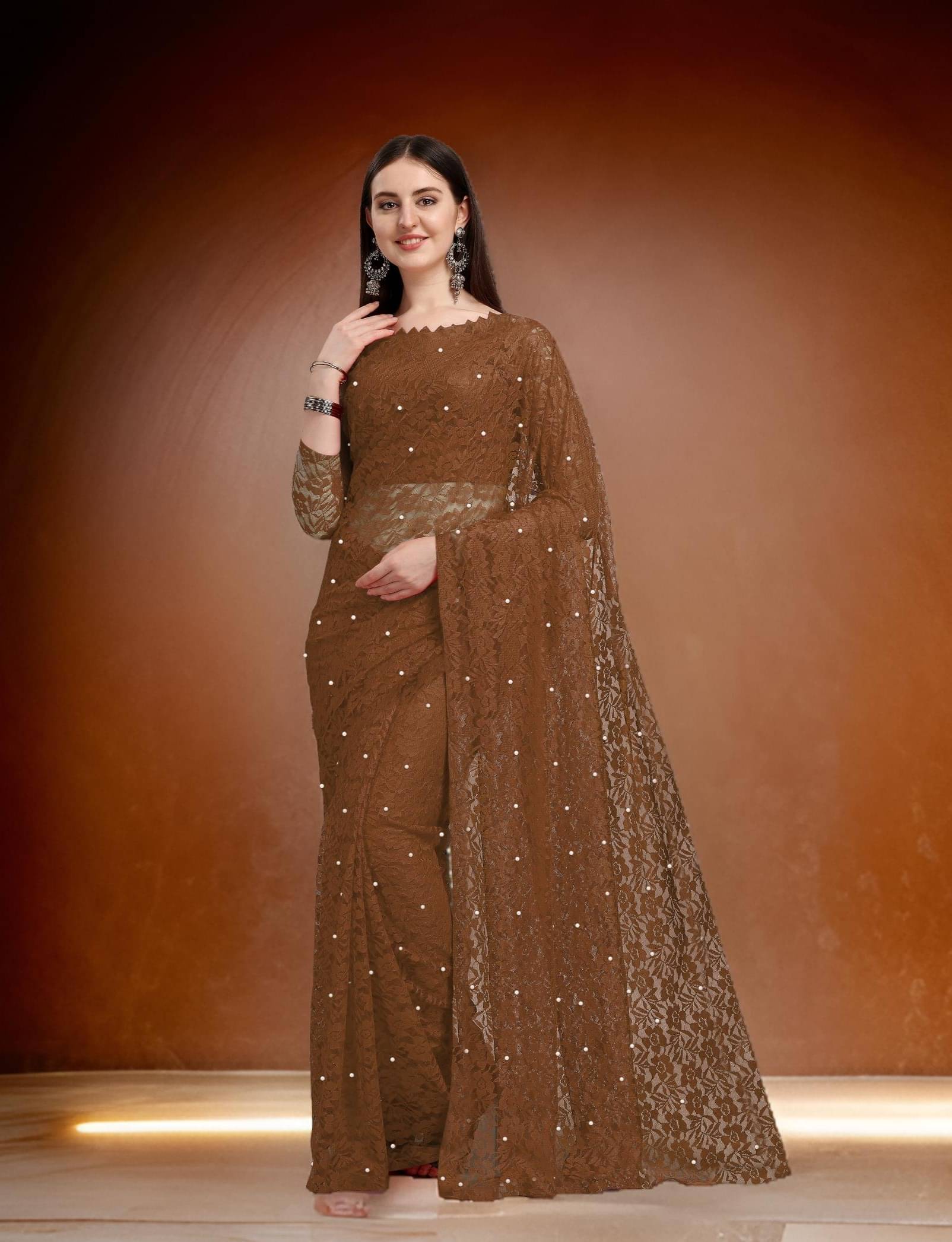     			Fashion Field Net Self Design Saree With Unstitched Blouse Piece ( Coffee )