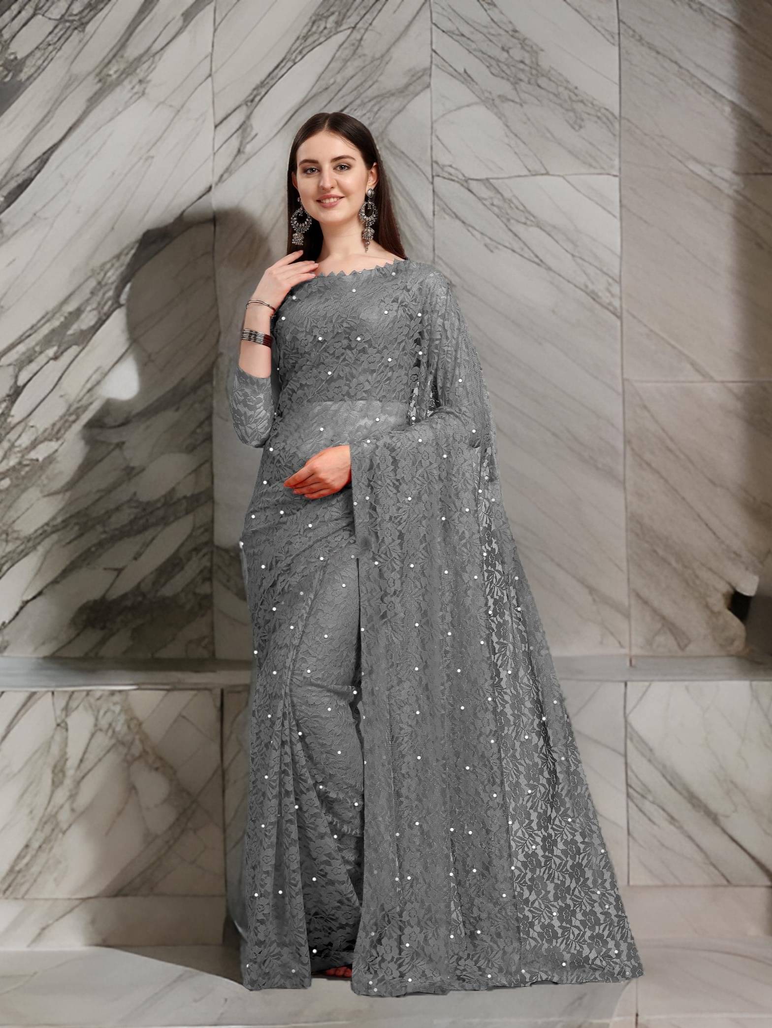 Fashion Field Net Self Design Saree With Unstitched Blouse Piece ( Grey ) Fashion Field Net Self Design Saree With Unstitched Blouse Piece ( Grey )