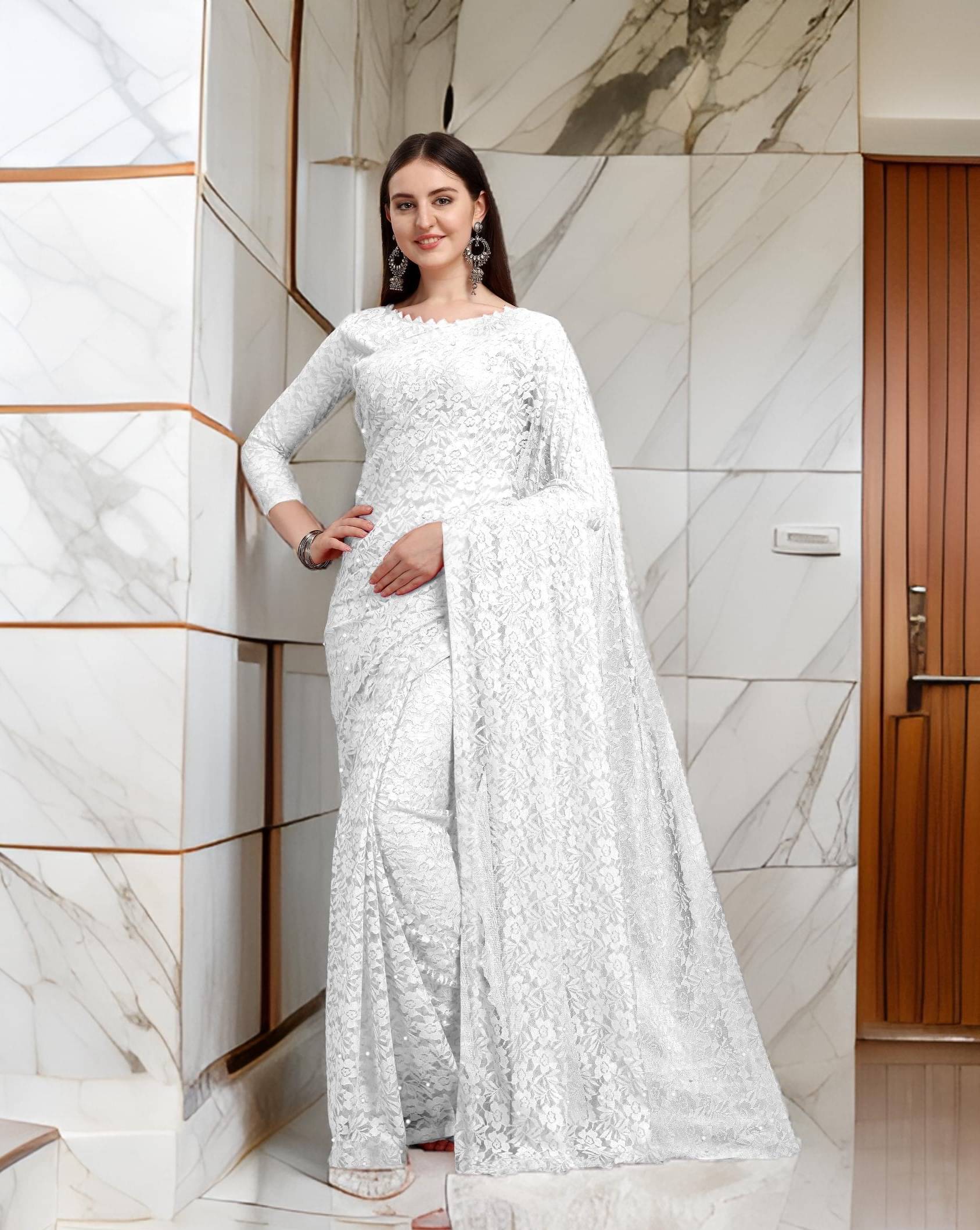     			Fashion Field Net Self Design Saree With Unstitched Blouse Piece ( White )