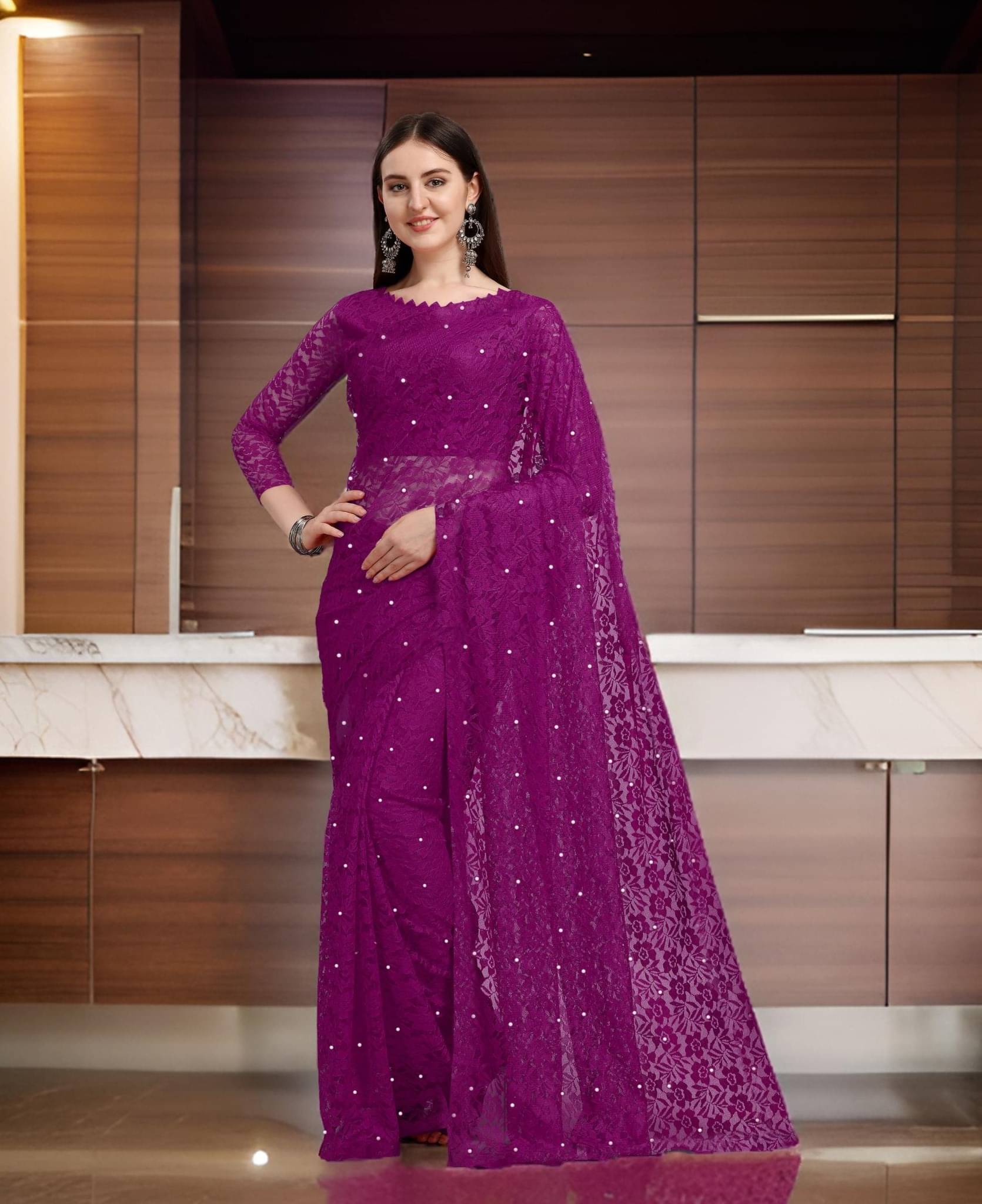     			Fashion Field Net Self Design Saree With Unstitched Blouse Piece ( Wine )