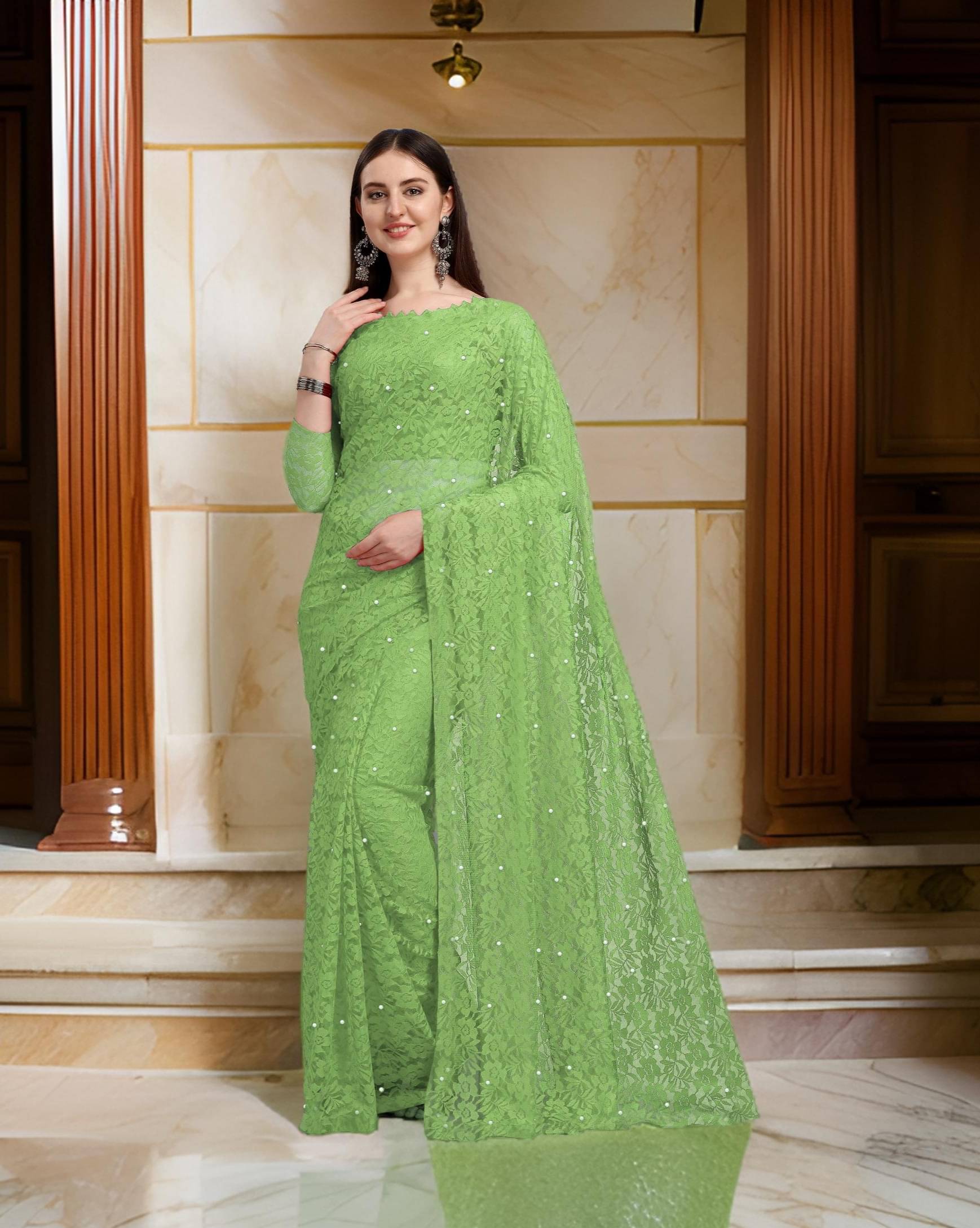     			Fashion Field Net Self Design Saree With Unstitched Blouse Piece ( Light Green )