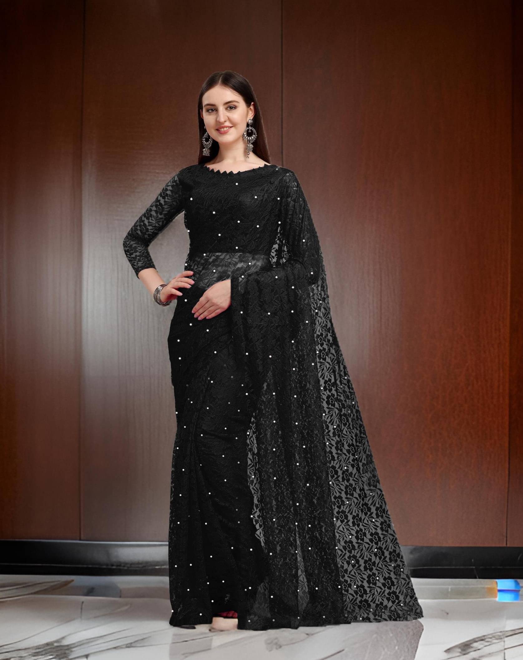     			Fashion Field Net Self Design Saree With Unstitched Blouse Piece ( Black )