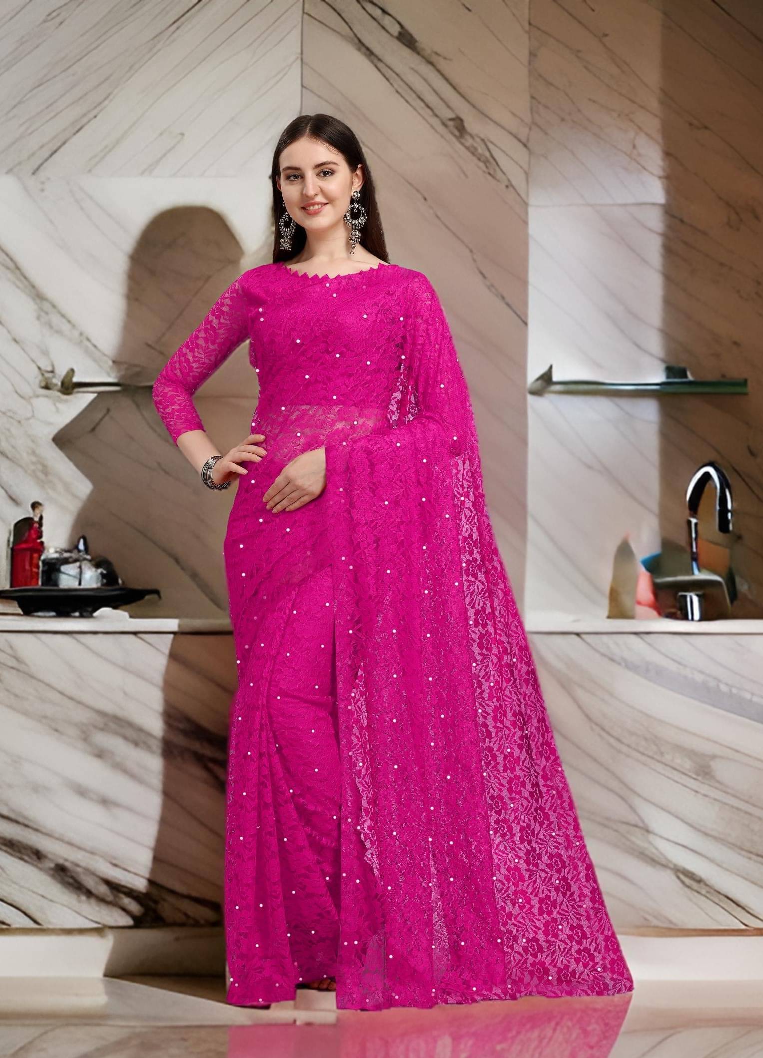 Fashion Field Net Self Design Saree With Unstitched Blouse Piece ( Rani ) Fashion Field Net Self Design Saree With Unstitched Blouse Piece ( Rani )