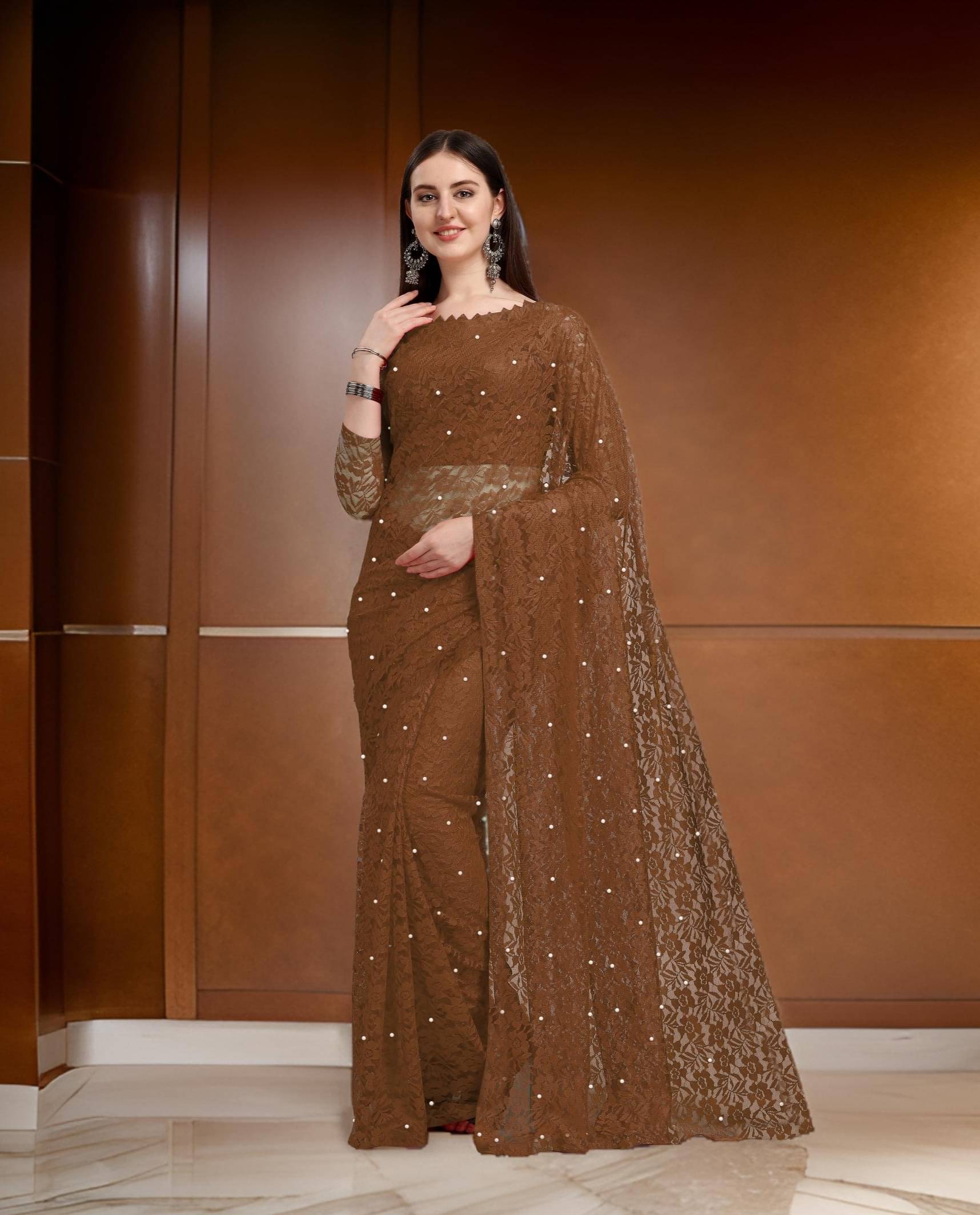    			Fashion Field Net Self Design Saree With Unstitched Blouse Piece ( Coffee )