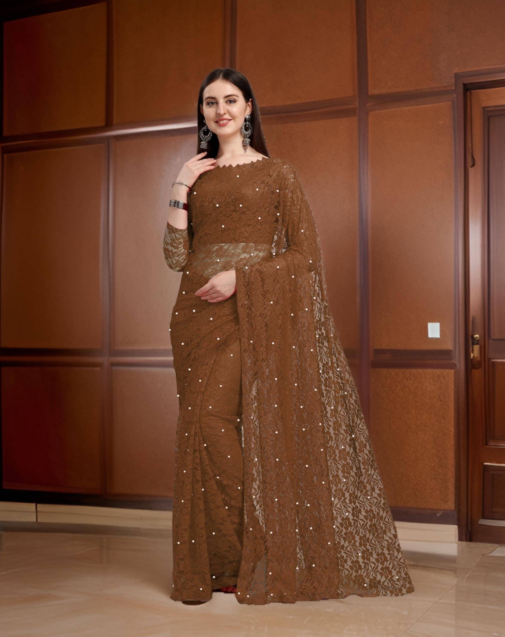Fashion Field Net Self Design Saree With Unstitched Blouse Piece ( Coffee ) Fashion Field Net Self Design Saree With Unstitched Blouse Piece ( Coffee )