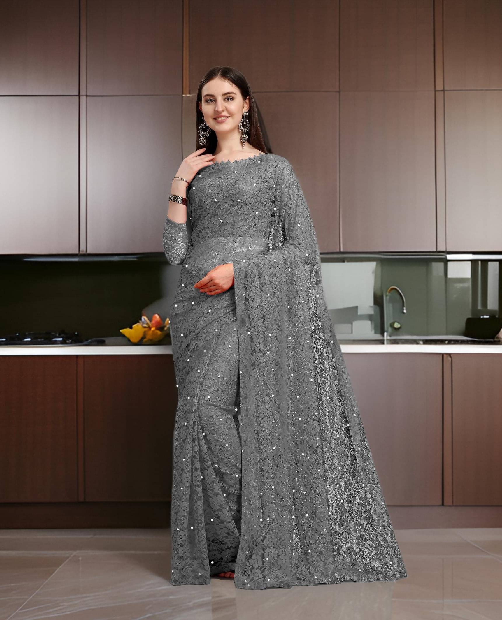     			Fashion Field Net Self Design Saree With Unstitched Blouse Piece ( Grey )