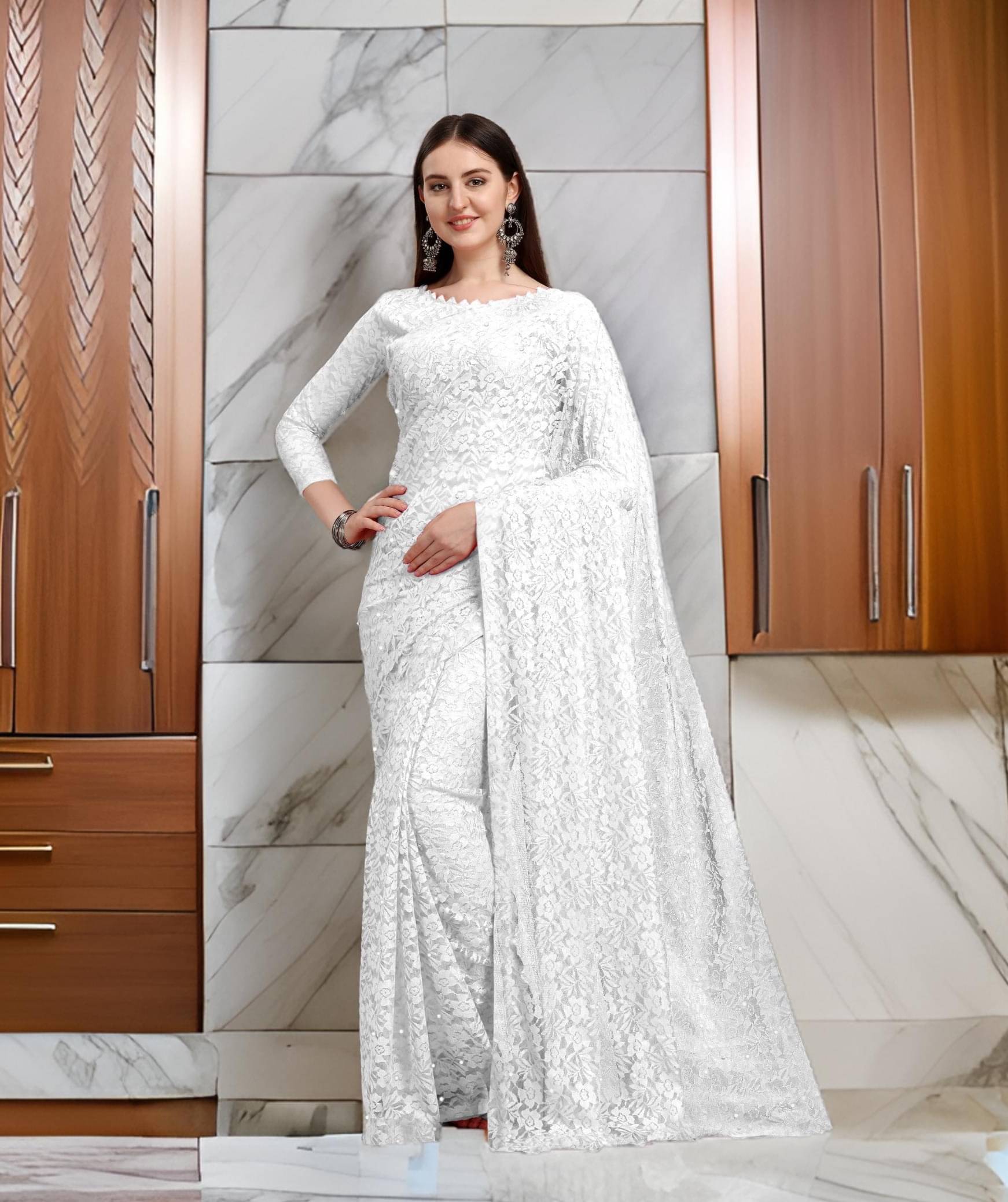     			Fashion Field Net Self Design Saree With Unstitched Blouse Piece ( White )