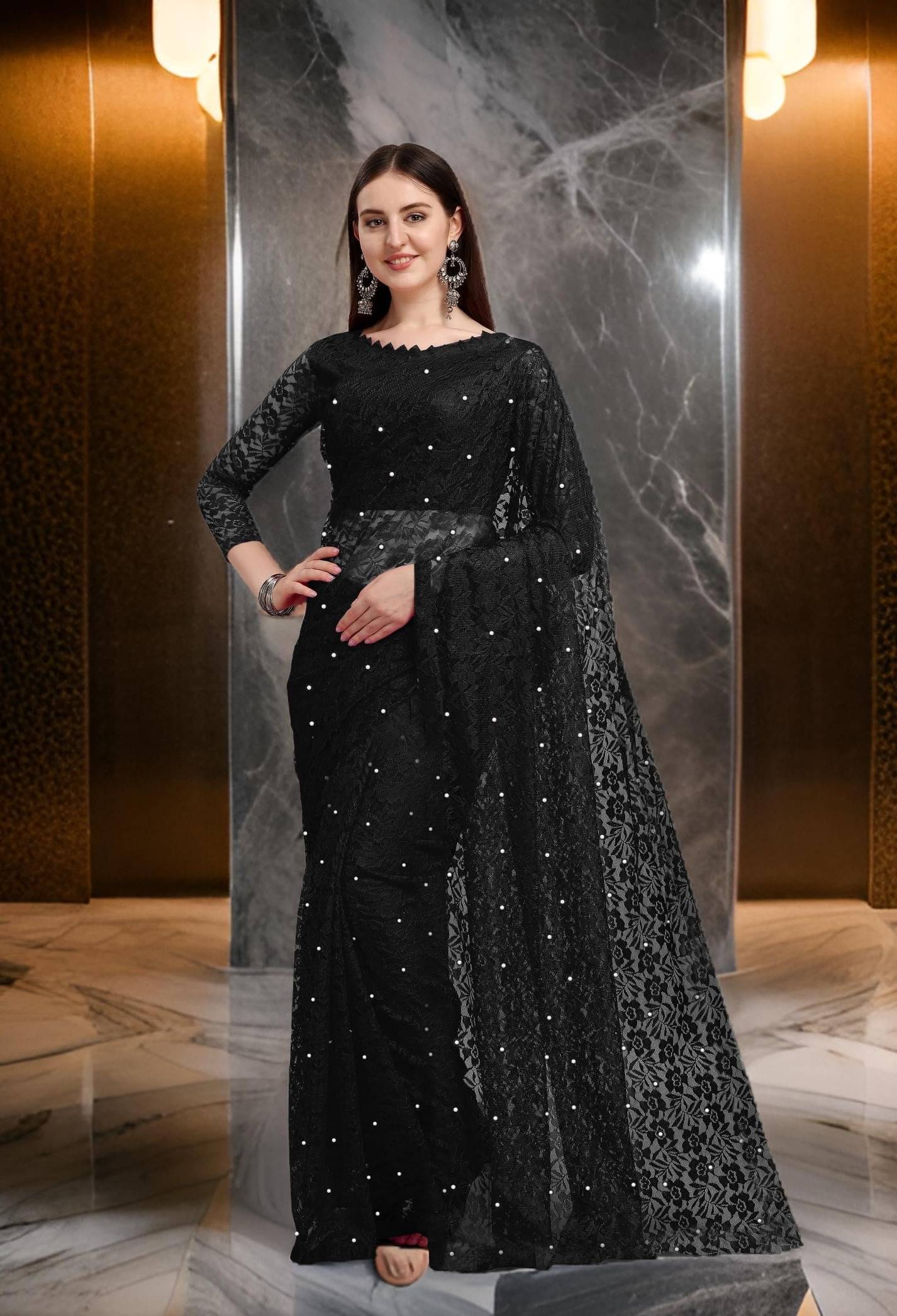 Fashion Field Net Self Design Saree With Unstitched Blouse Piece ( Black ) Fashion Field Net Self Design Saree With Unstitched Blouse Piece ( Black )