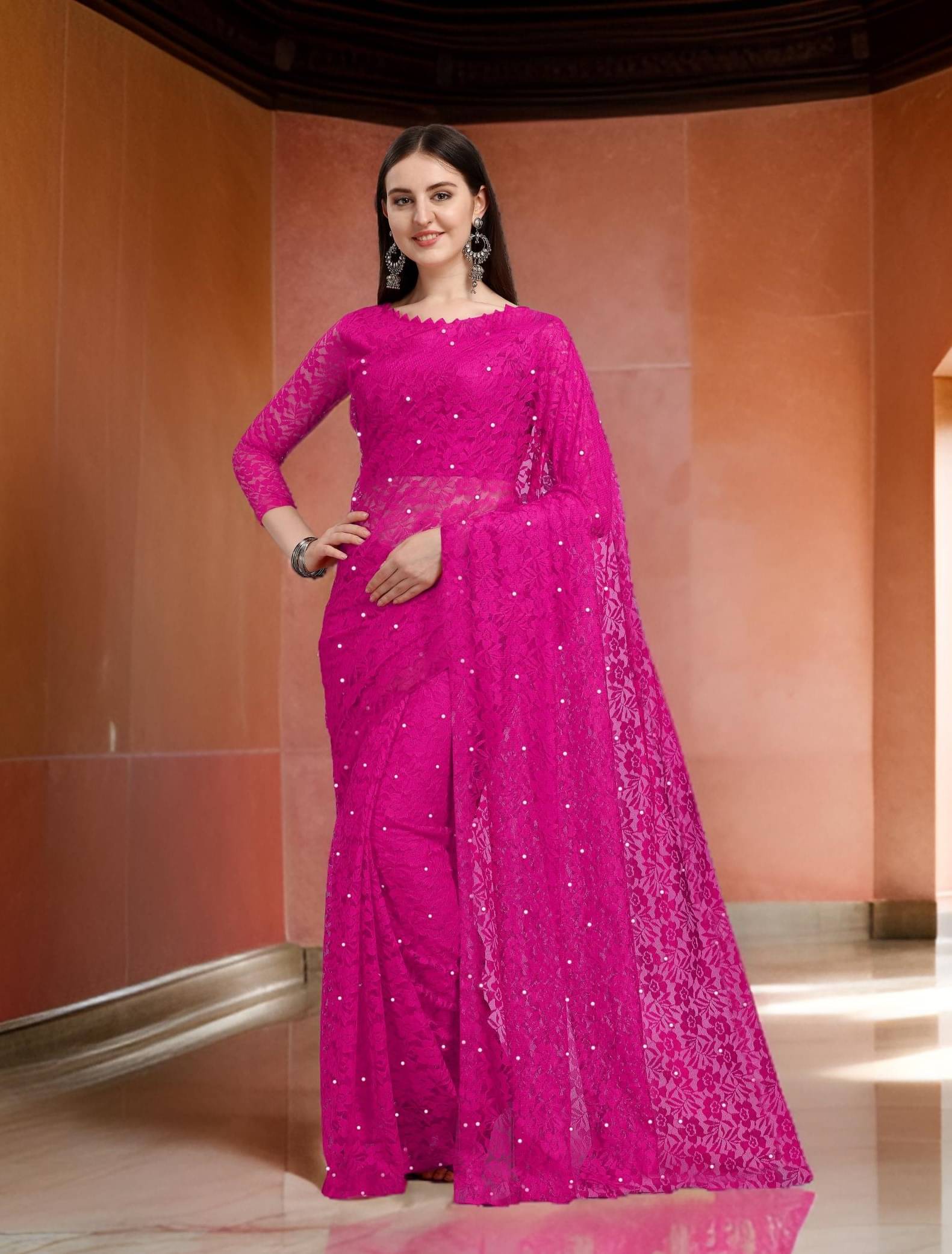 Fashion Field Net Self Design Saree With Unstitched Blouse Piece ( Rani ) Fashion Field Net Self Design Saree With Unstitched Blouse Piece ( Rani )