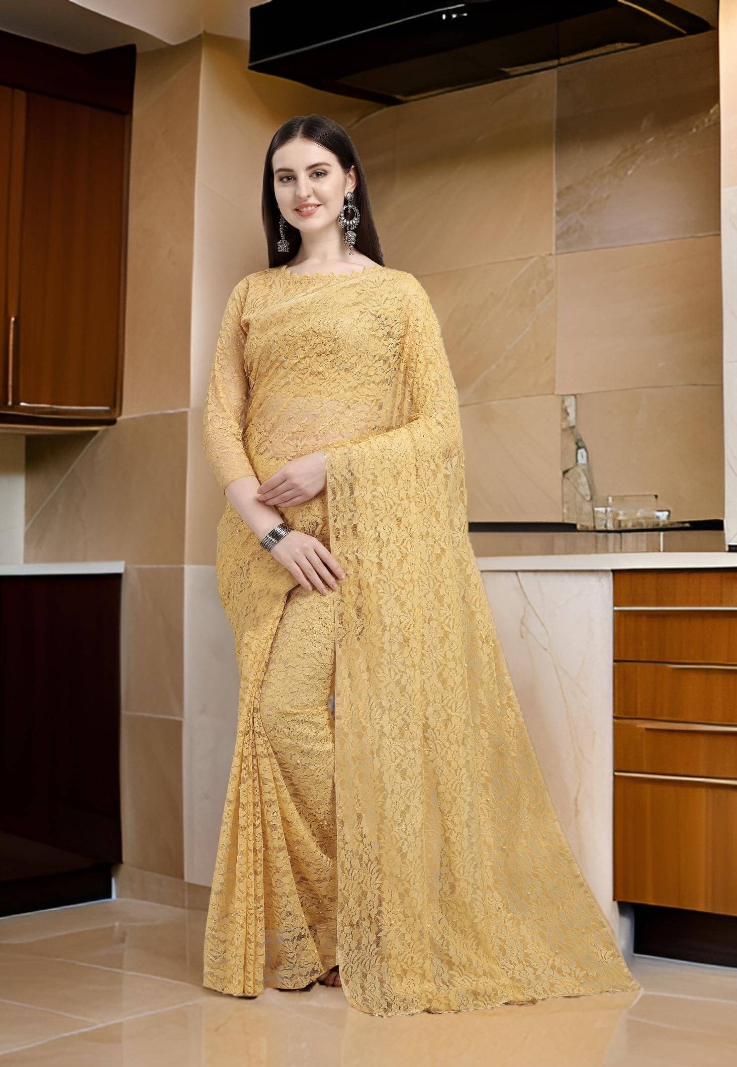     			Fashion Field Net Self Design Saree With Unstitched Blouse Piece ( Brown )