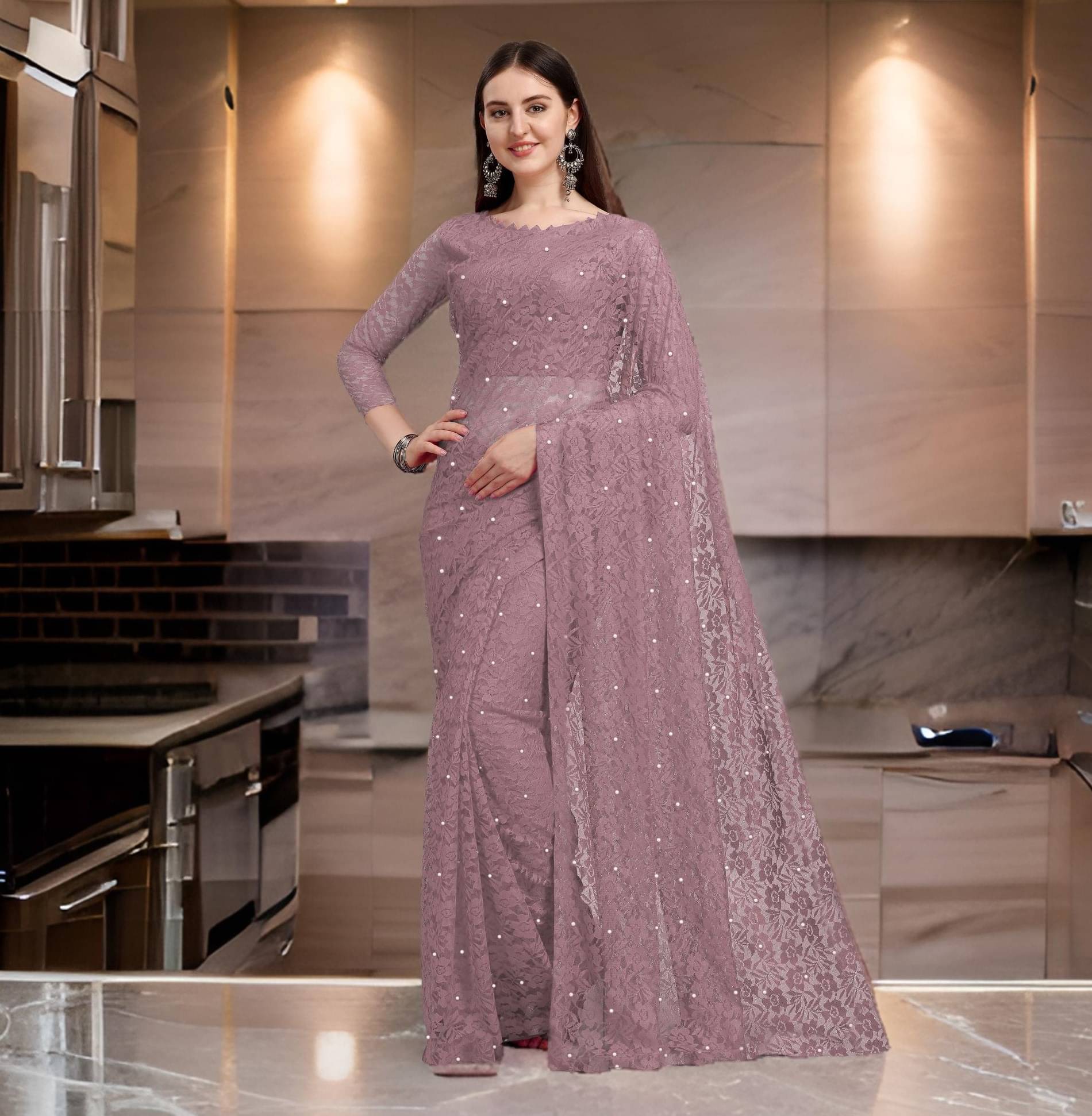     			Fashion Field Net Self Design Saree With Unstitched Blouse Piece ( Purple )
